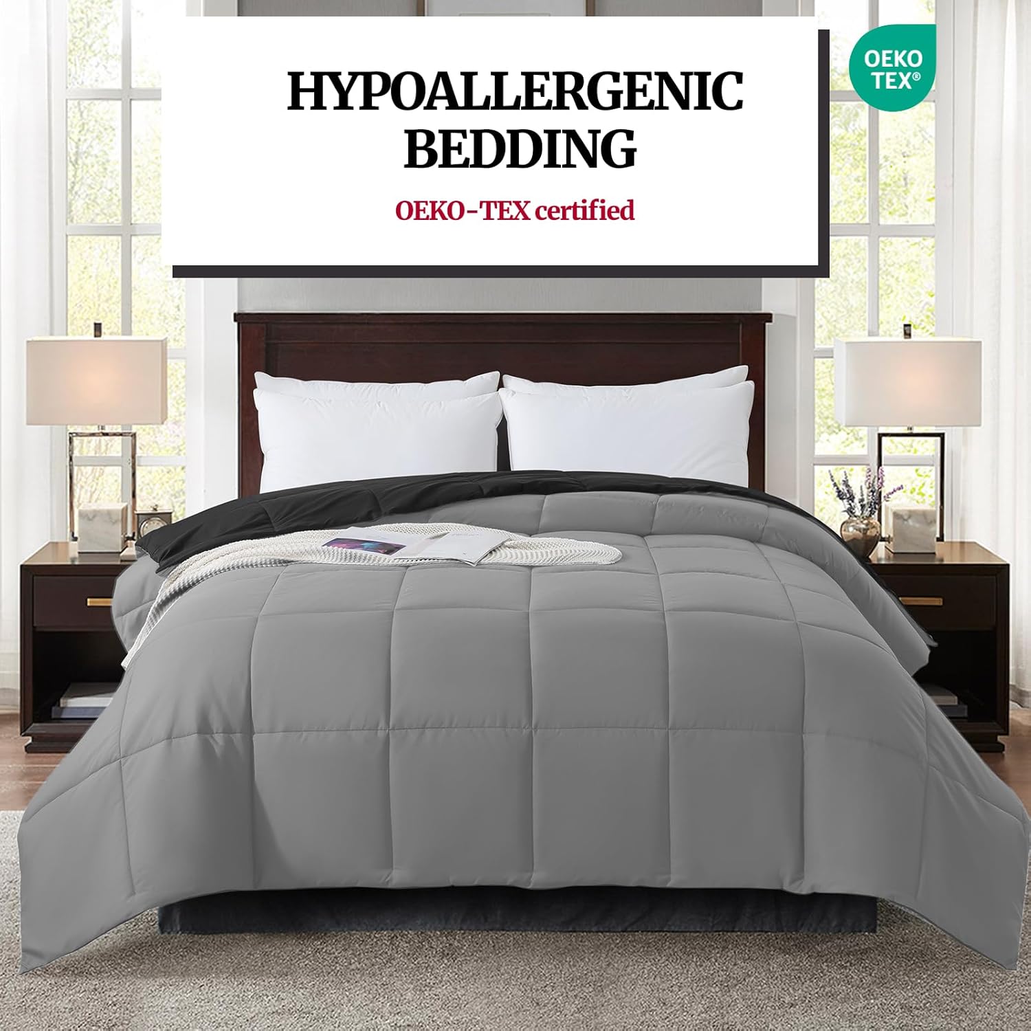 Down Alternative Bedding Comforter Queen Size - All-Season Soft Reversible Microfiber Bedding Comforter - Lightweight & Machine Washable(Black/Dark Gray, Queen (U.S. Standard)) - Image 8