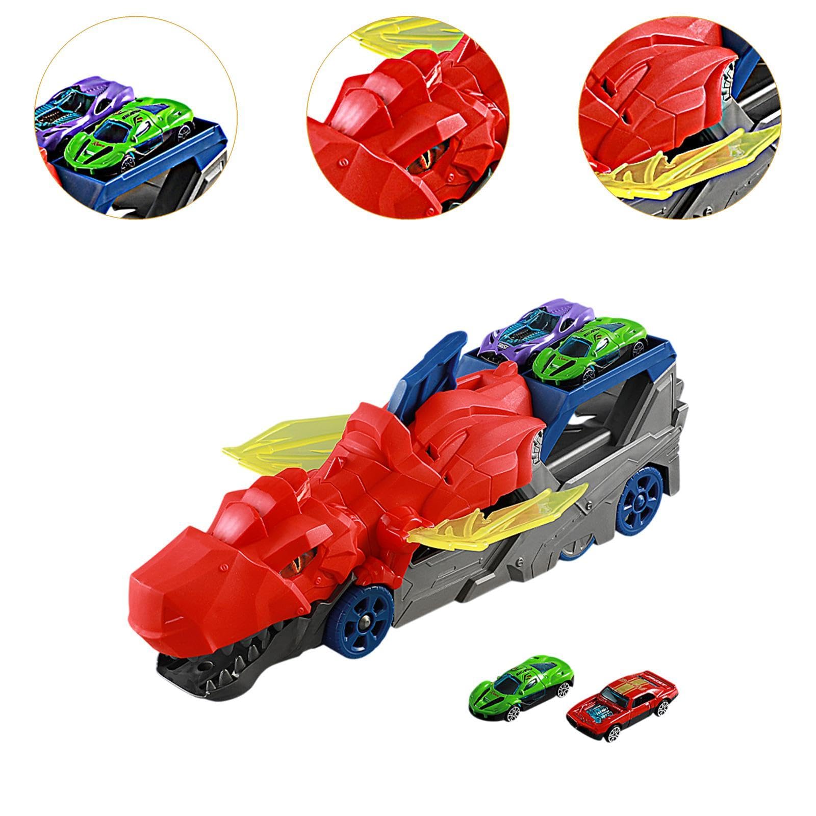 2 Pezzi Dinosaur Transport Truck Pista Veicolo Lanciatore Trasportatore Die-Cast E Camion Carrier Funzione Bocca Apribile Mobili, Rosso con 2 Auto