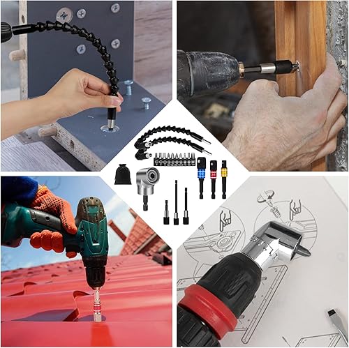 Miniatura 7 de Juego de extensión de broca flexible, 19 piezas, vástago hexagonal de 105 °, accesorio de taladro de ángulo recto de 105°, extensión de soporte de