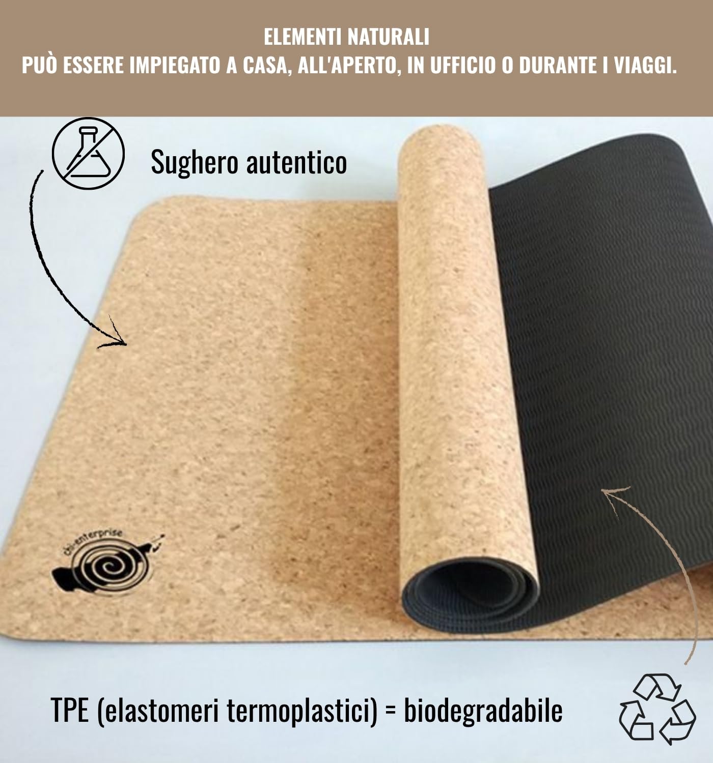 Tappetino yoga sughero antiscivolo 6 mm Ecologico TPE per Pilates Fitness 183x60 cm superficie naturale Resistente e Lavabile Ideale per casa palestra mindfulness - chi-enterprise