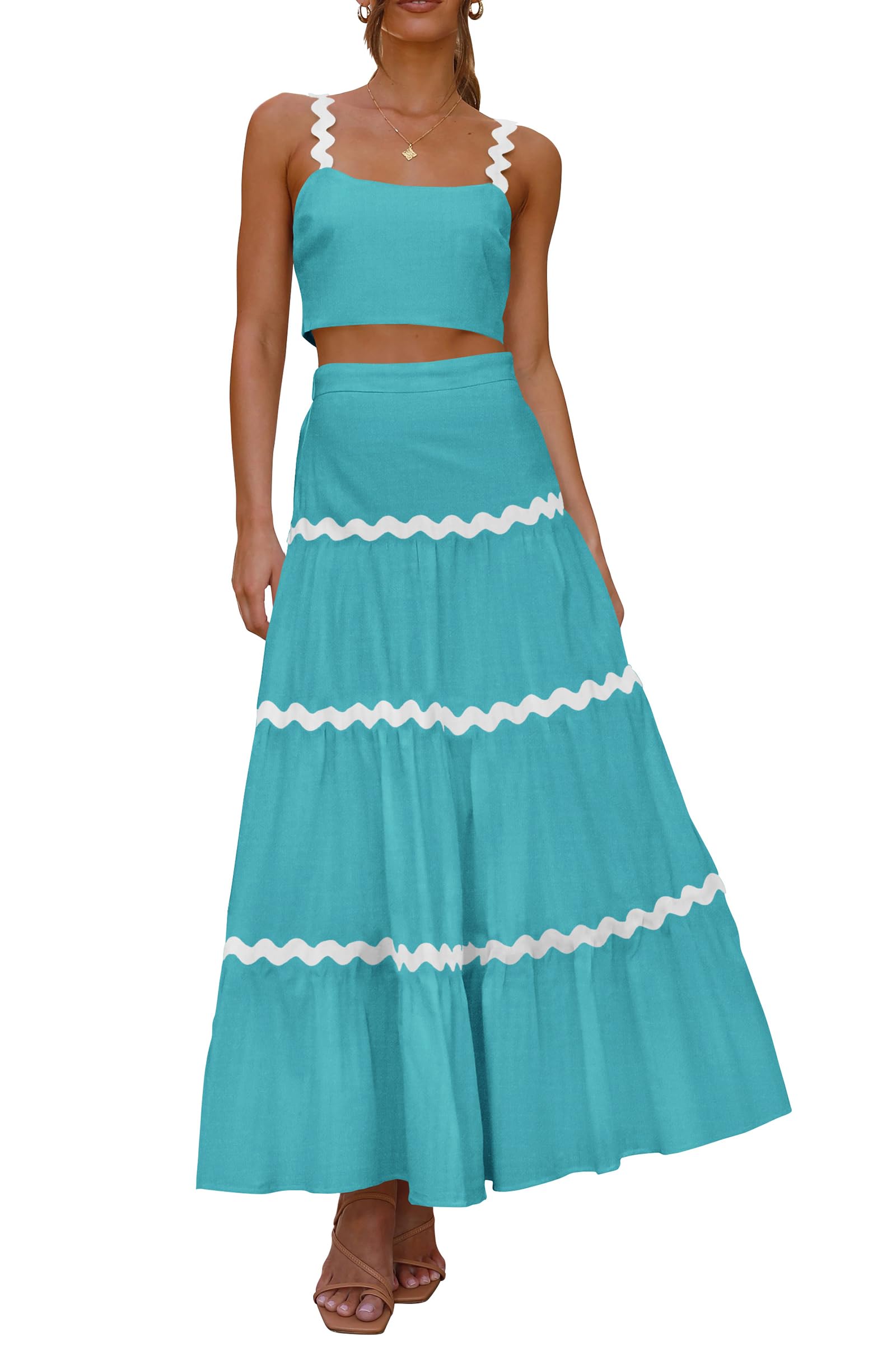 Size: M PRETTYGARDEN Womens 2024 Summer Two Piece Vacation Beach Outfits Dressy Sleeveless Cropped Tank Tops and Long Maxi Skirt Sets