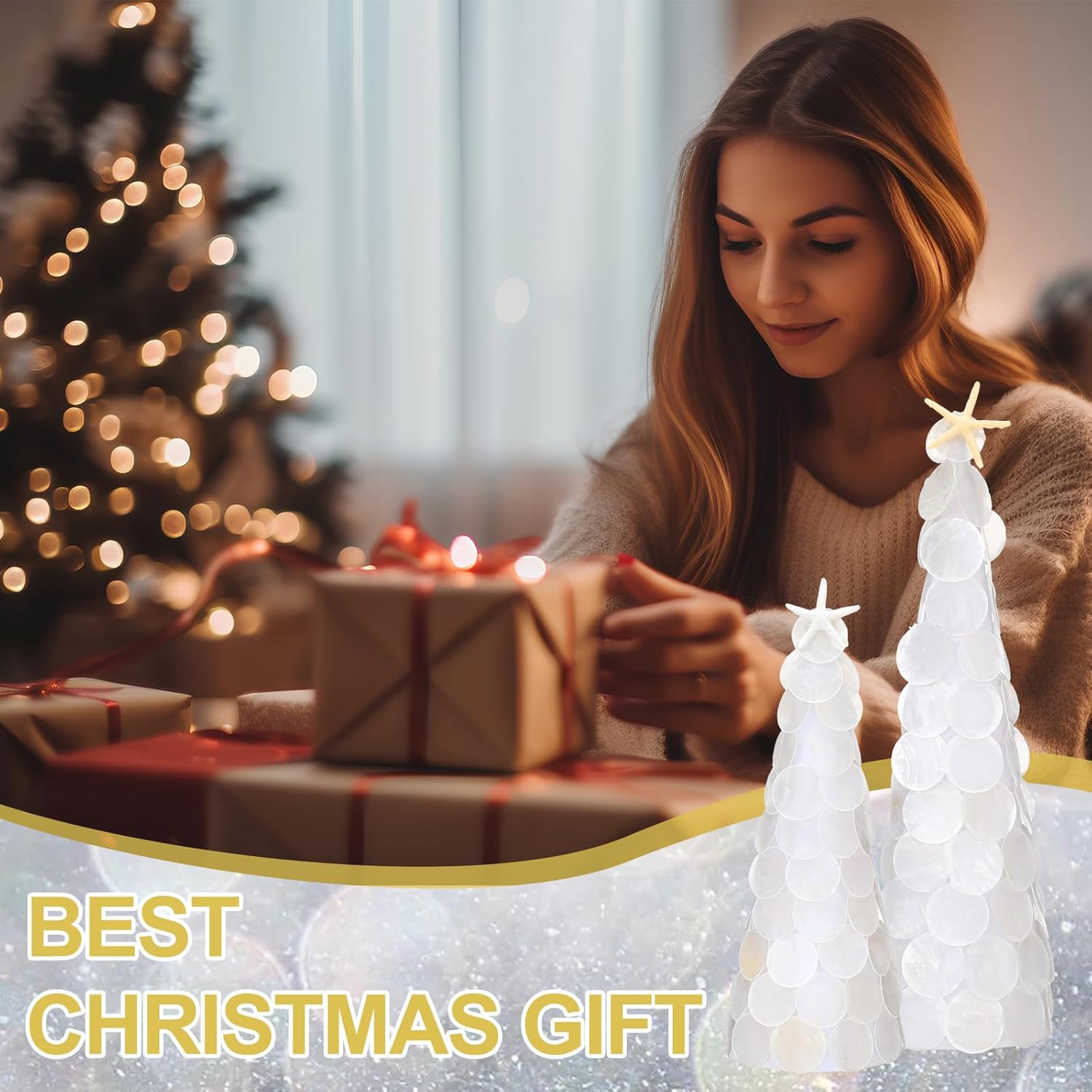 AceOrbit 2 Pack Capiz Shell Christmas Tree Table Decoration 8" 12" White Coastal Christmas Tree Table Centerpiece Artificial Ocean Seashells Tabletop for Xmas Winter Coastal Mantle Shelf Party Favor