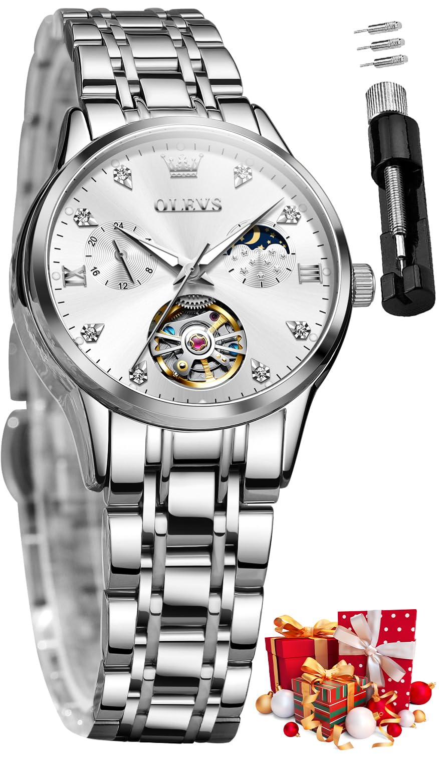 OLEVS Automatic Watches for Womens Luxury Gold and Silver Stainless Steel Thin Wrist Watches Mechanical Flywheel Moon Phase Blue & White Dial Waterproof