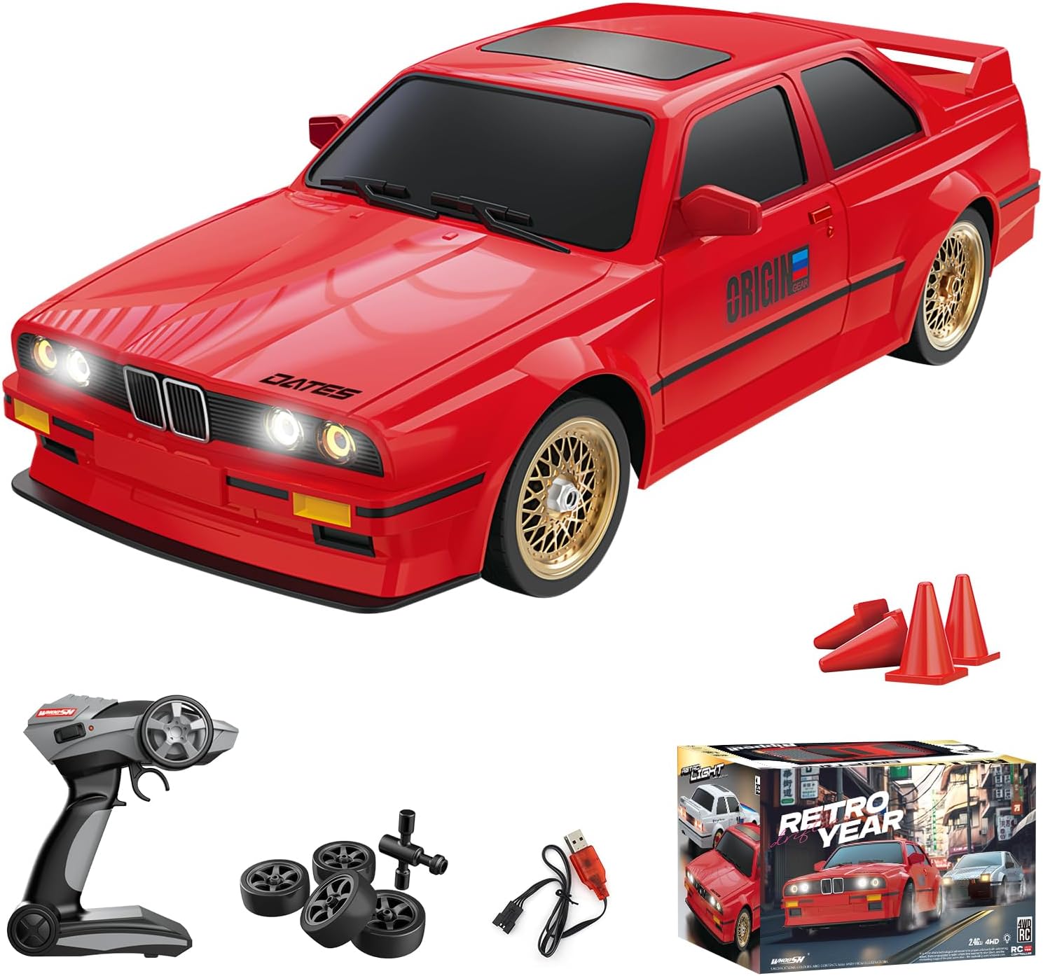 RC Drift Car for Kids Adults 1:16 Scale 2.4Ghz 4WD High Speed RTR Racing Car 30KM/H with Led Lights Remote Control Vehicle Sport Toy Gifts for Girls Boys, Two Batteries and Drift Tire Included