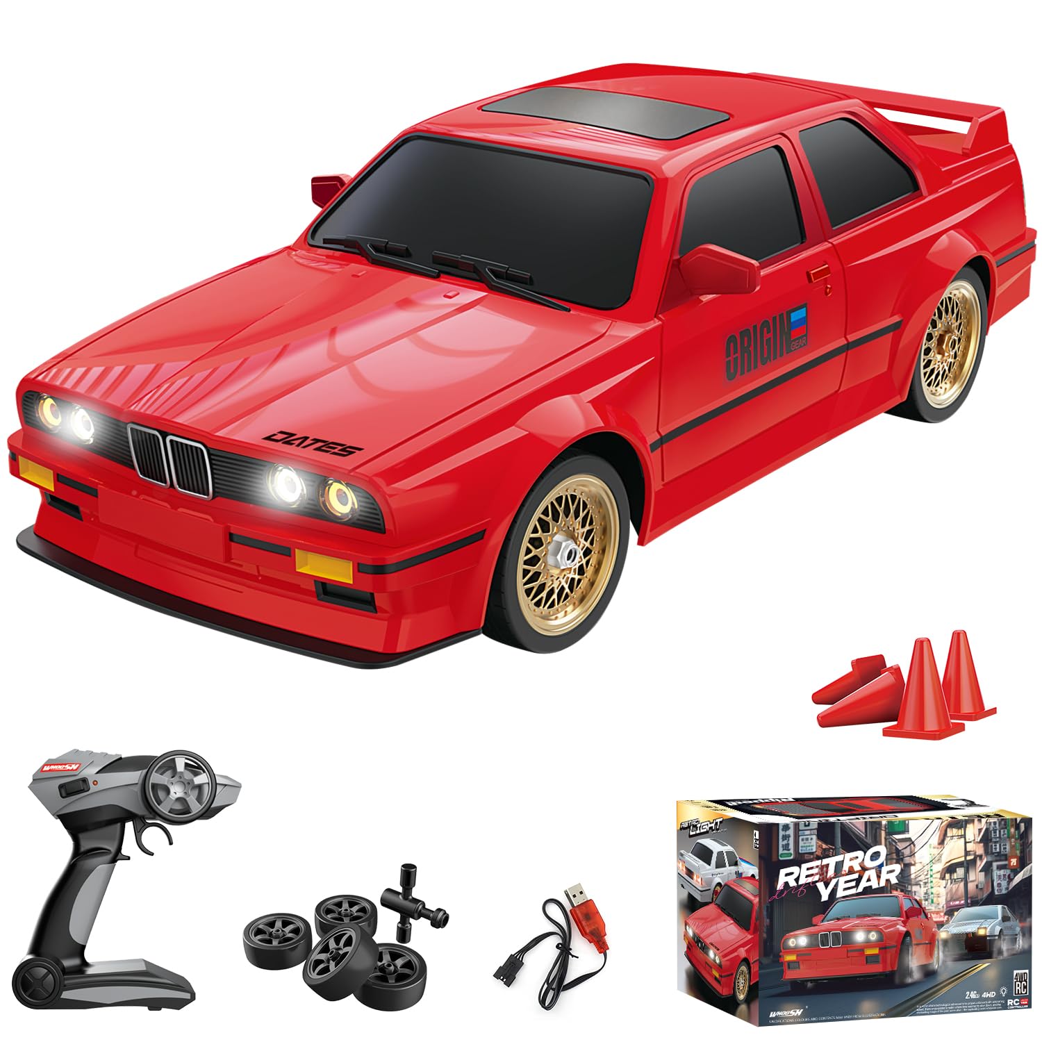 Hitish RC Drift Car for Kids Adults 1:16 Scale 2.4Ghz 4WD High Speed RTR Racing Car 30KM/H with Led Lights Remote Control Vehicle Sport Toy Gifts for Girls Boys, Two Batteries and Drift Tire Included