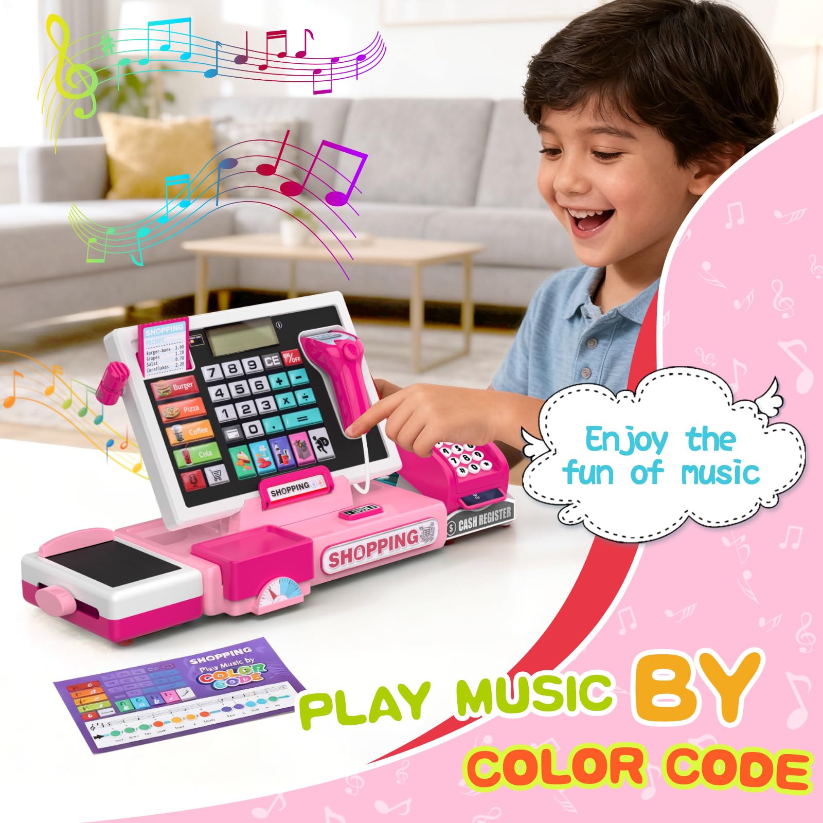 Caja Registradora Juguetes Multifuncional,Juguetes de rol de Caja registradora de supermercado, Incluye Funciones de escaneo y Sonido, JJuguete de rol Apto para Niños y Niñas a Partir de 3 Años (Rosa)