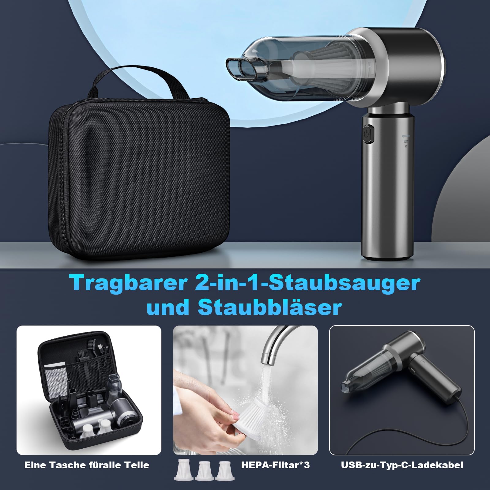 2-in-1 Handstaubsauger Akku 28000PA Kabellos Auto Staubsauger Stark 3-Gang 240000 U/min Elektrische Staubgebläse