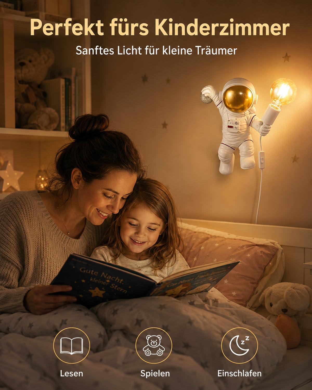 FREEUP Lámpara de pared moderna con enchufe y cable, lámpara de pared infantil para niños niñas, luz nocturna astronauta E27 luz de pared, blanco
