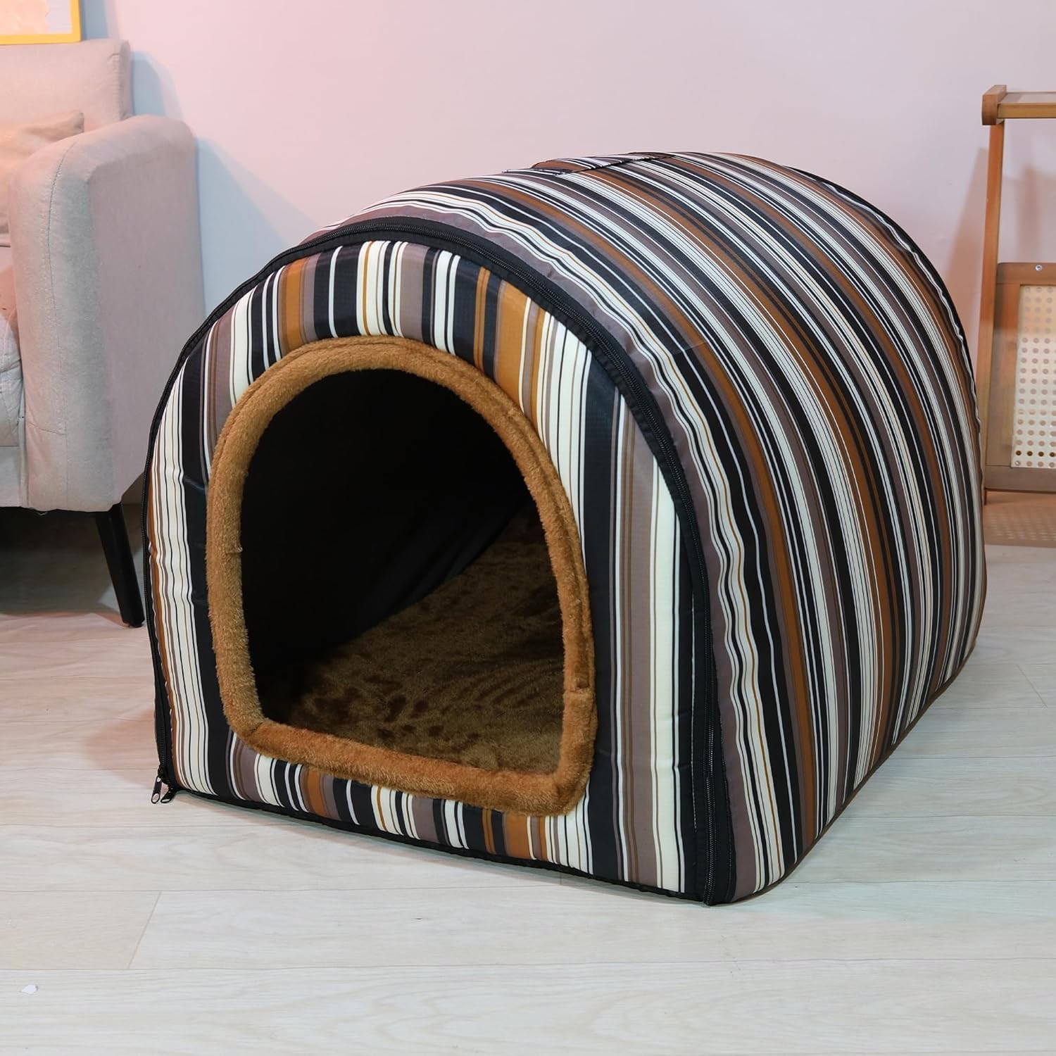 Heart Home Foldable Igloo Dog House | Soft & Adjustable Travel Pet Shelter for Cat & Rabbits with Sleeping Bed | Cave Bed Tent Shelter for Pets | Small - Beige & Black Stripes