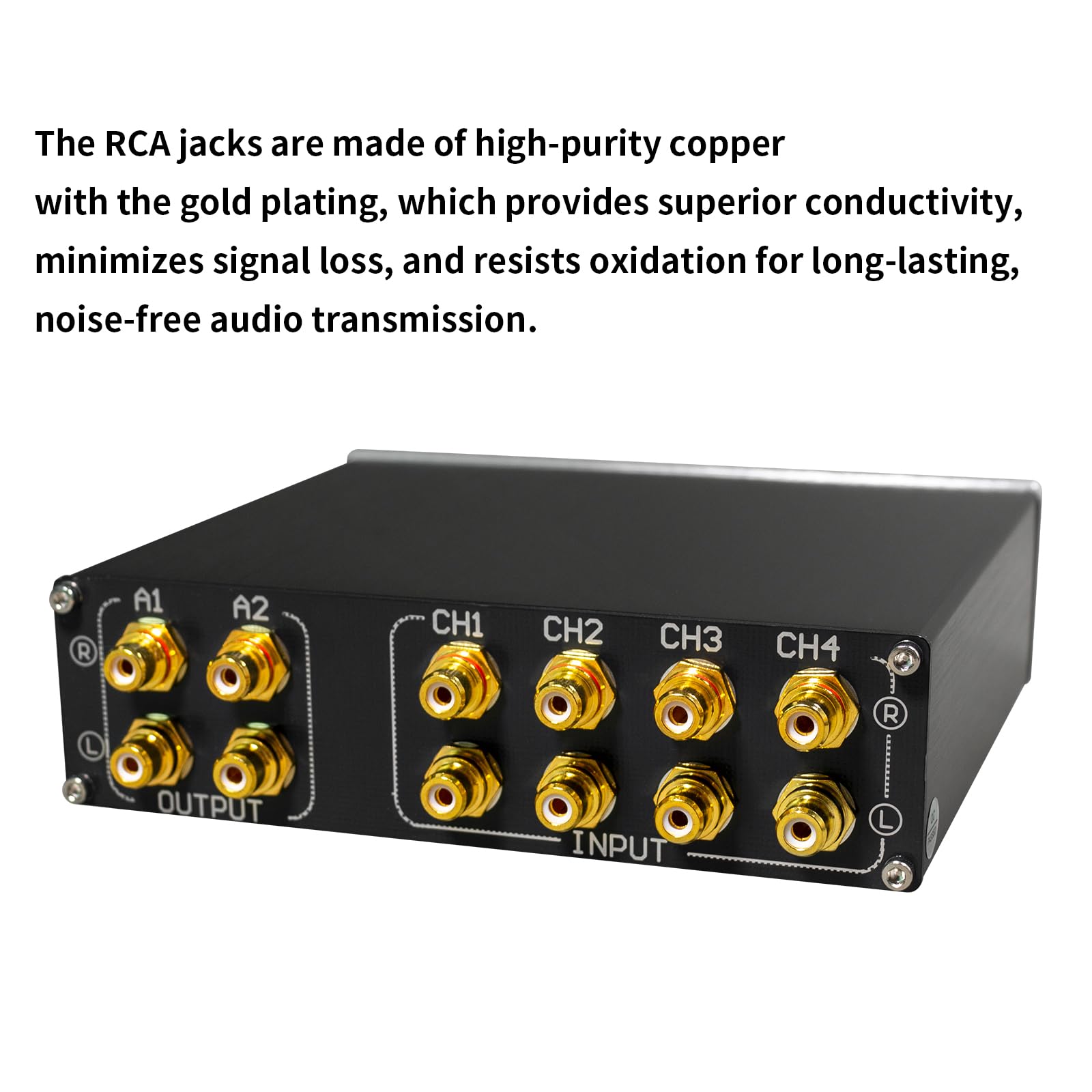RCA Audio Switch Box 4 in 2 out con selettore di uscita - Interruttore stereo passivo A/B, controllo indipendente dell'uscita a 2 vie, connettori RCA placcati oro e guscio in alluminio per sistema