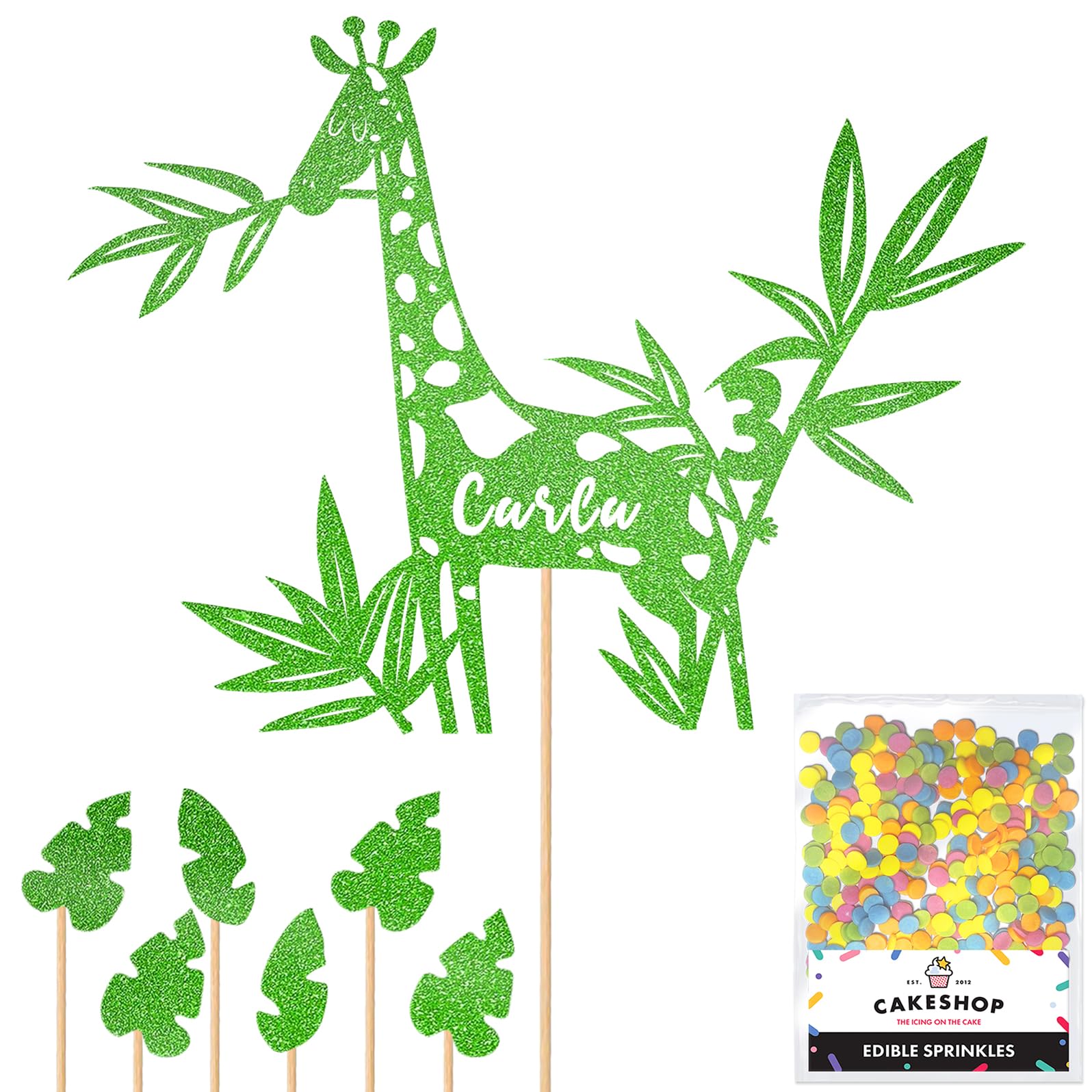 Personalised Birthday Jungle Giraffe Glitter Cake Topper- Green Any Custom Age & Name Glitter Cake Decoration and Sprinkles - Happy Birthday Decorations - Personalised Toppers for Cakes by Cakeshop — image 1
