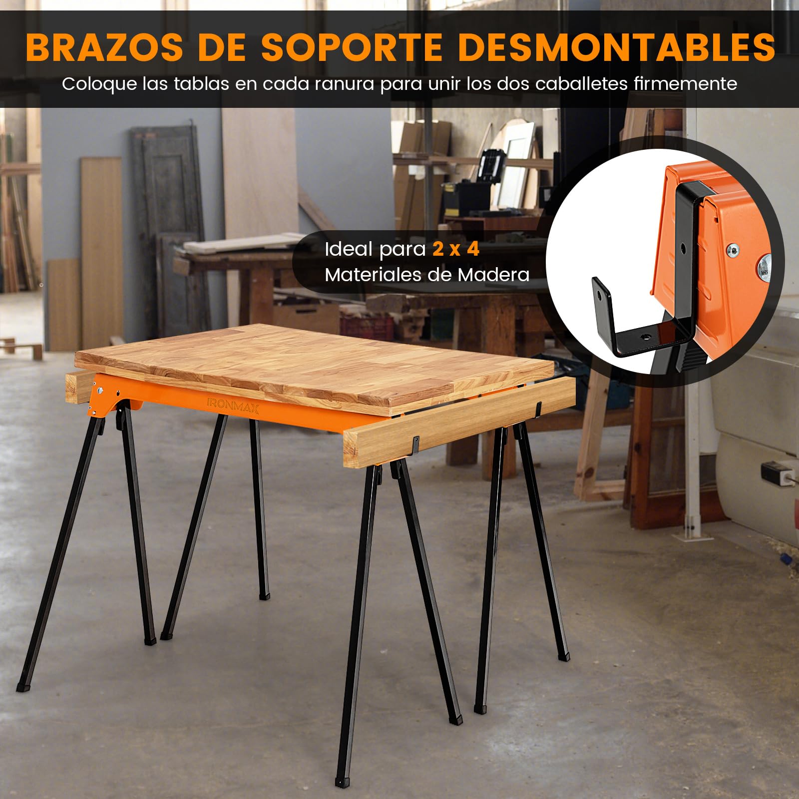 COSTWAY Juego de 2 Caballetes Plegables, Juego de Mesa de Trabajo Plegable de Hierro, 2 Caballetes para Mesa con Brazos de Soporte Desmontables, Amarillo 92 x 48 x 74 cm (Naranja)