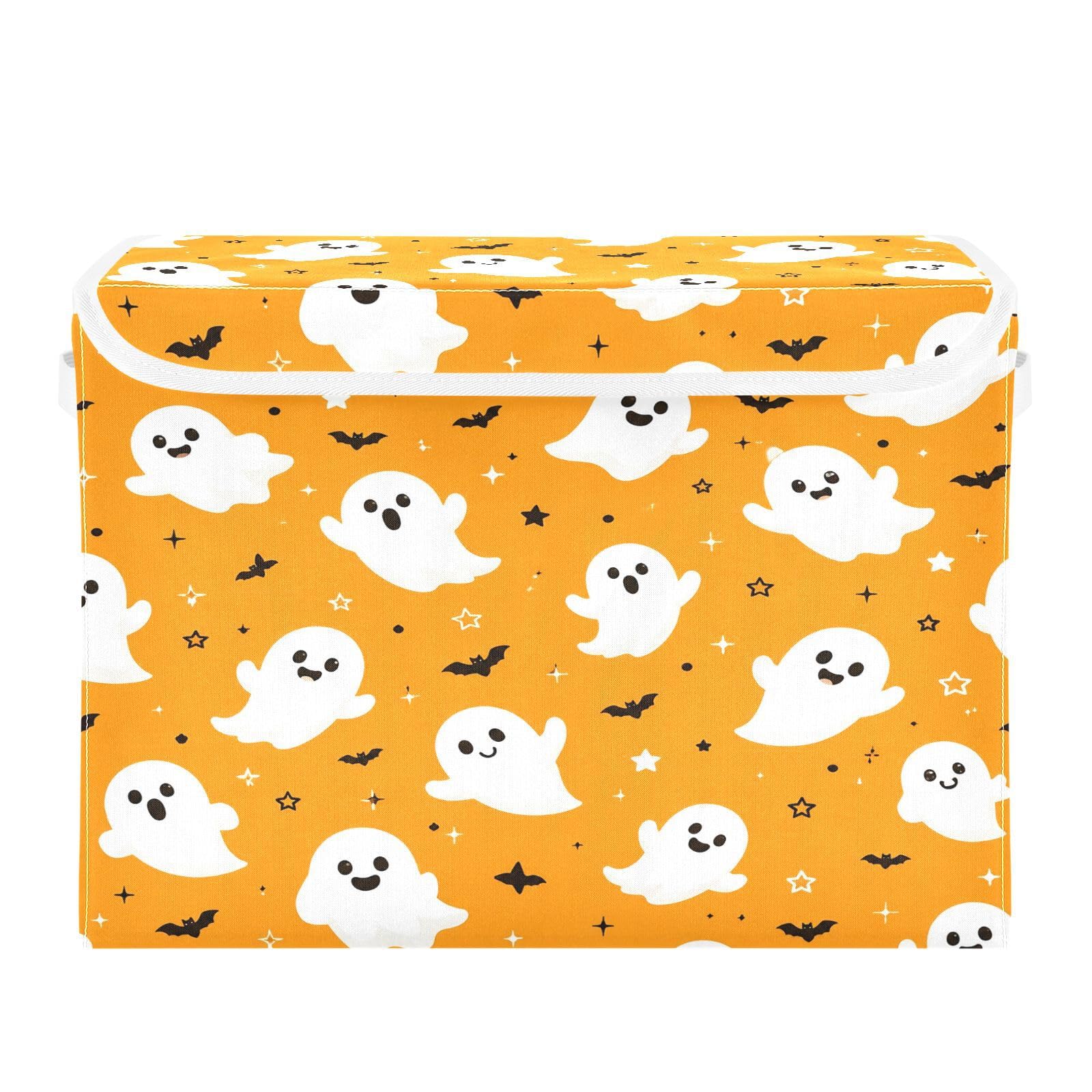 Ewusp Halloween Boo Fabric Storage Bin with Lid, Decorative Foldable Storage Basket with Handles, Stackable Closet Shelf Organiser Box for Clothes, Books, Bedroom, Living Room