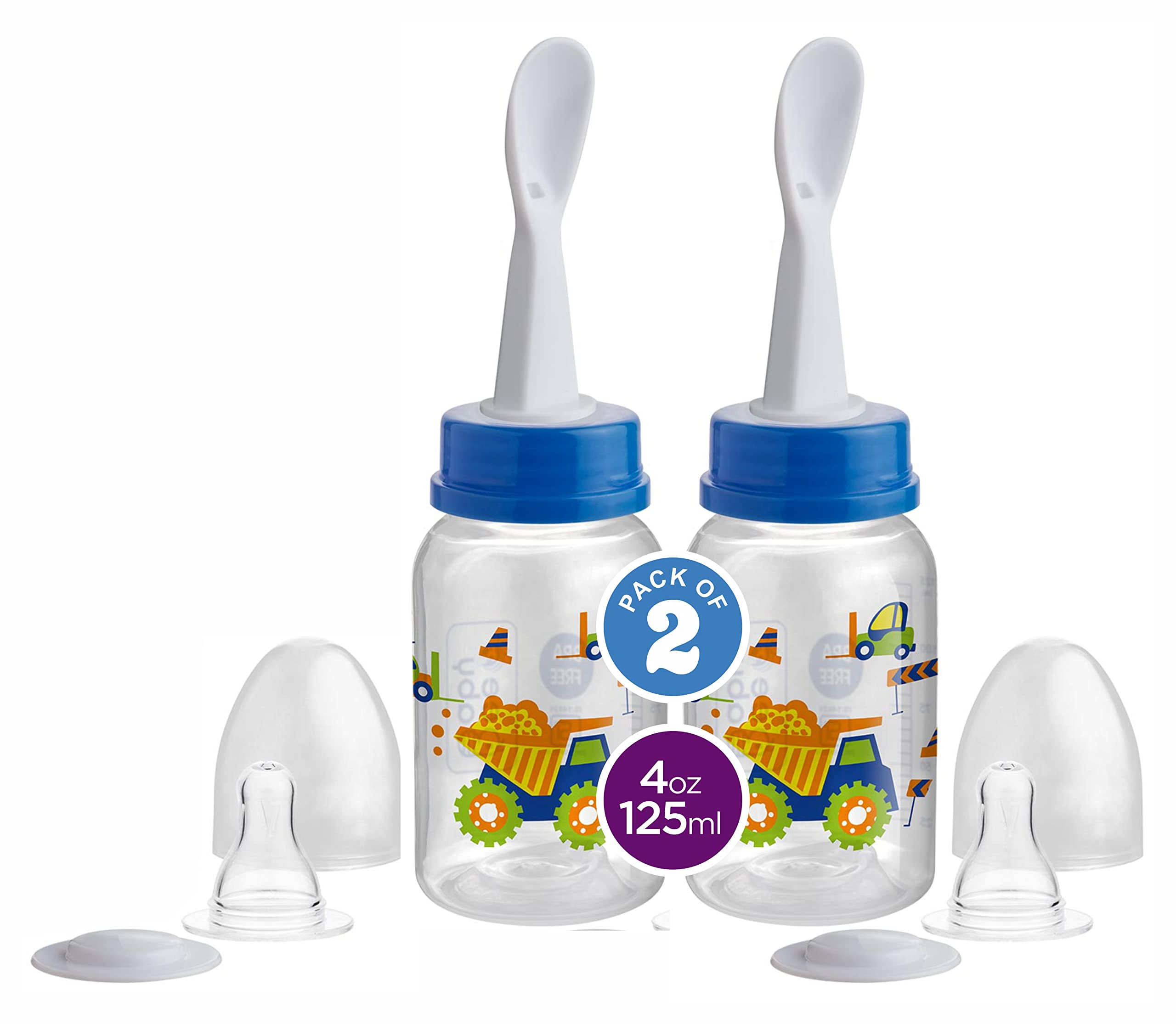2 in 1 Gentle Slim Neck Baby Feeding Bottle with Anti - Colic Gentle Touch Silicone Nipple and Feeder Spoon (Plastic) for New Born / Infant / Toddler / Babies, 100% BPA FREE, 4 Months + (125 ML / 4 oz.) (Blue) (Pack of 2)