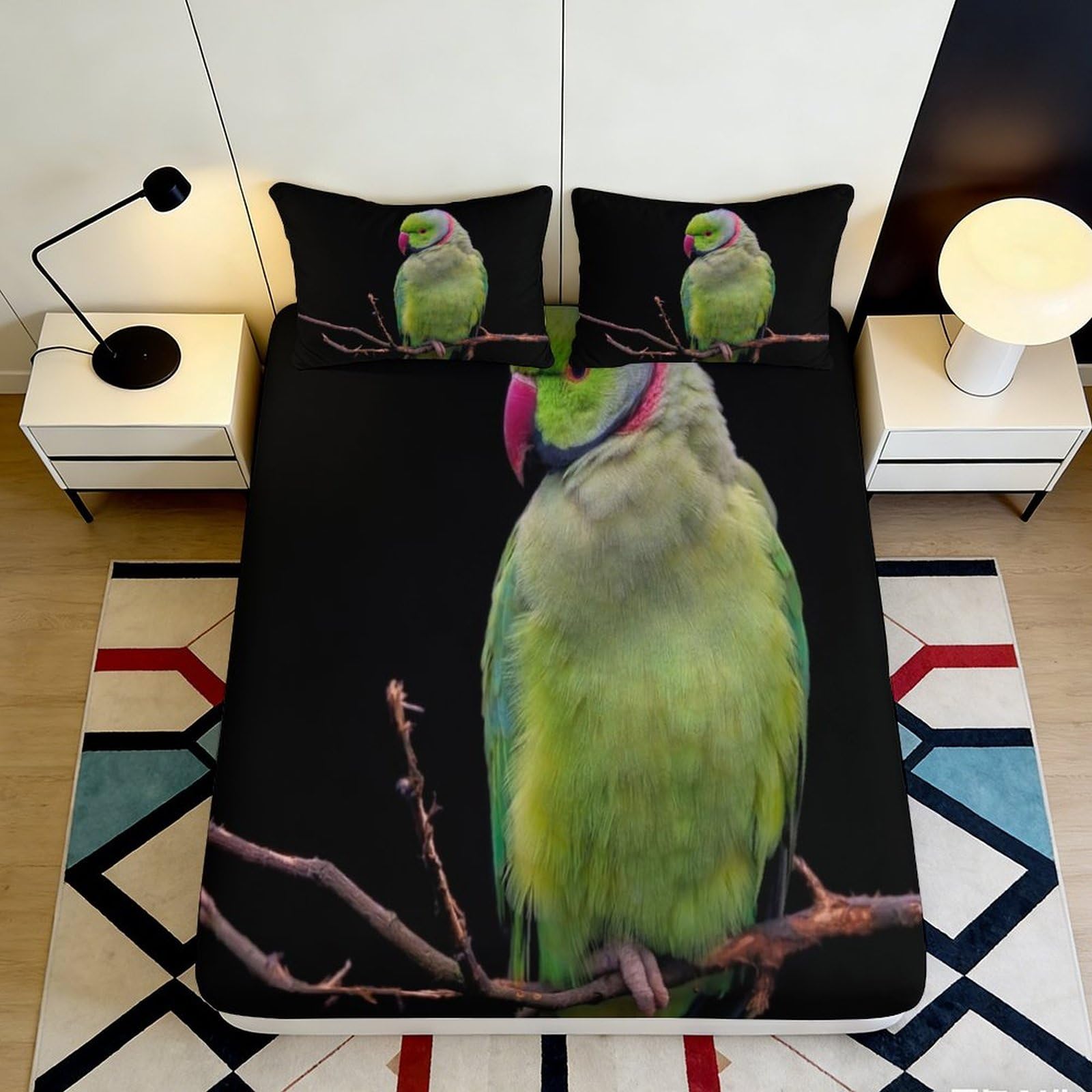 Pnayamiorkfel Style-7 3D Printed Green Parrot Fitted Sheet Microfiber Soft Anti-Slip Bird Branch Bed Cover For Bedroom Guest Room Decor 90X200x25cm