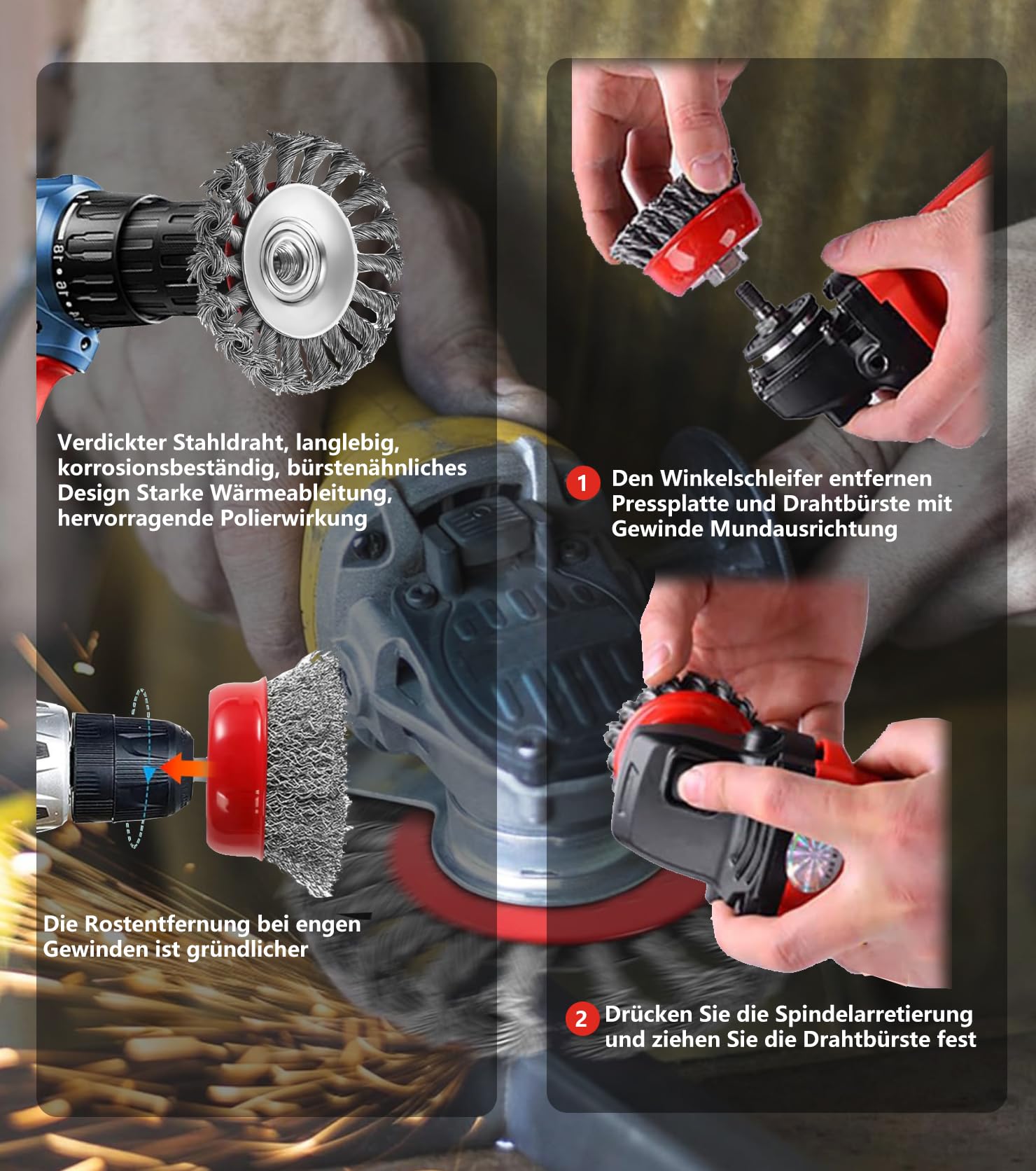8Stück Drahtbürste Winkelschleifer Set , M14 drahtbürste für winkelschleifer Zubehör Durchmesser 80 mm und 120 mm für Reinigen ,Polier,Schleifen,Entrosten,Entgraten