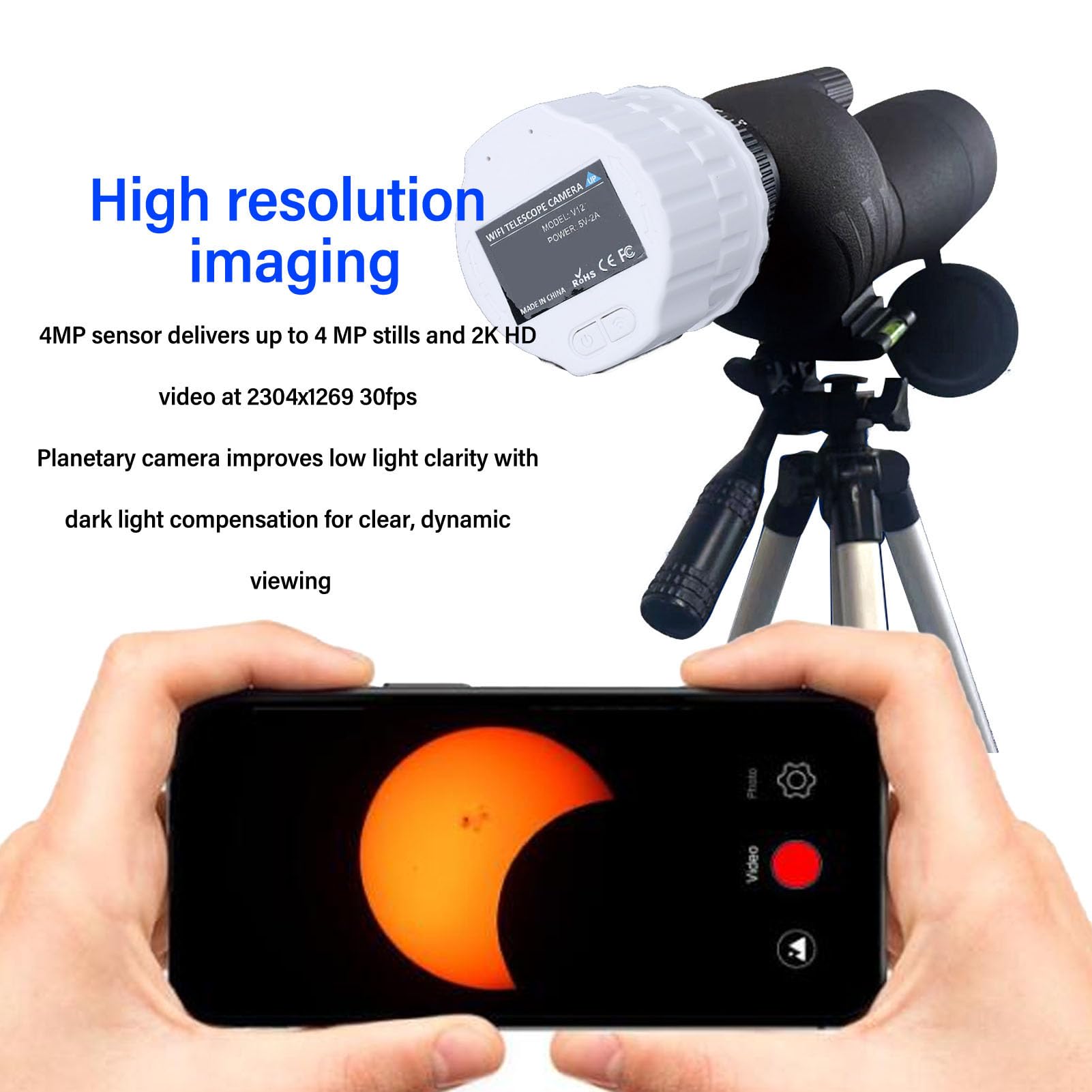 Ocular Digital Inalámbrico WiFi, Ocular Electrónico Inalámbrico Compatible con Grabación de Vídeo 2K y Fotos de 40 MP, Cámara Telescópica Digital para Telescopios de 30 Mm a 50