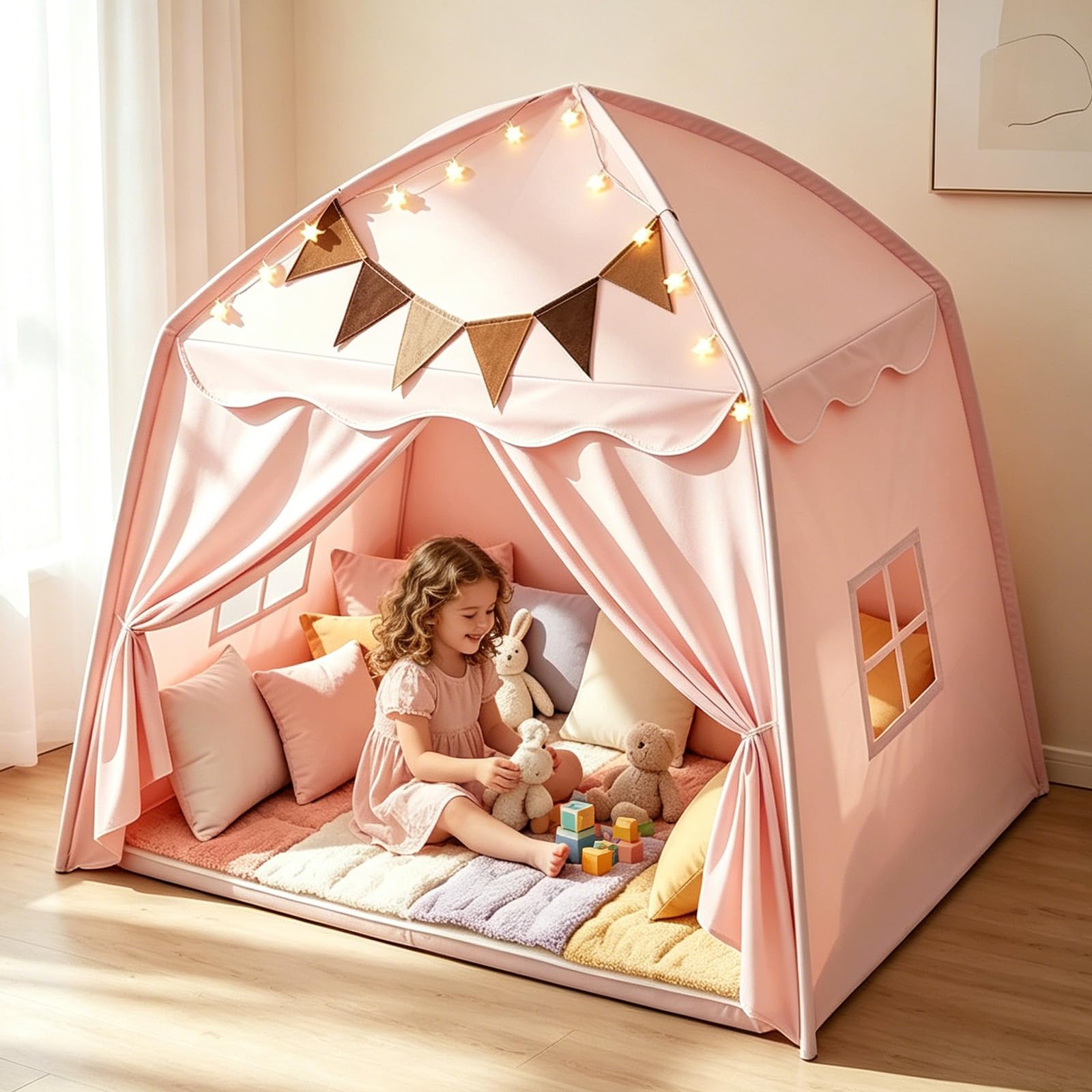 Tienda de campaña infantil para interiores, tienda de juegos con banderas y luces, tienda de campaña portátil y plegable, tienda de cama para niños, casa de juegos para interior y exterior (rosa)