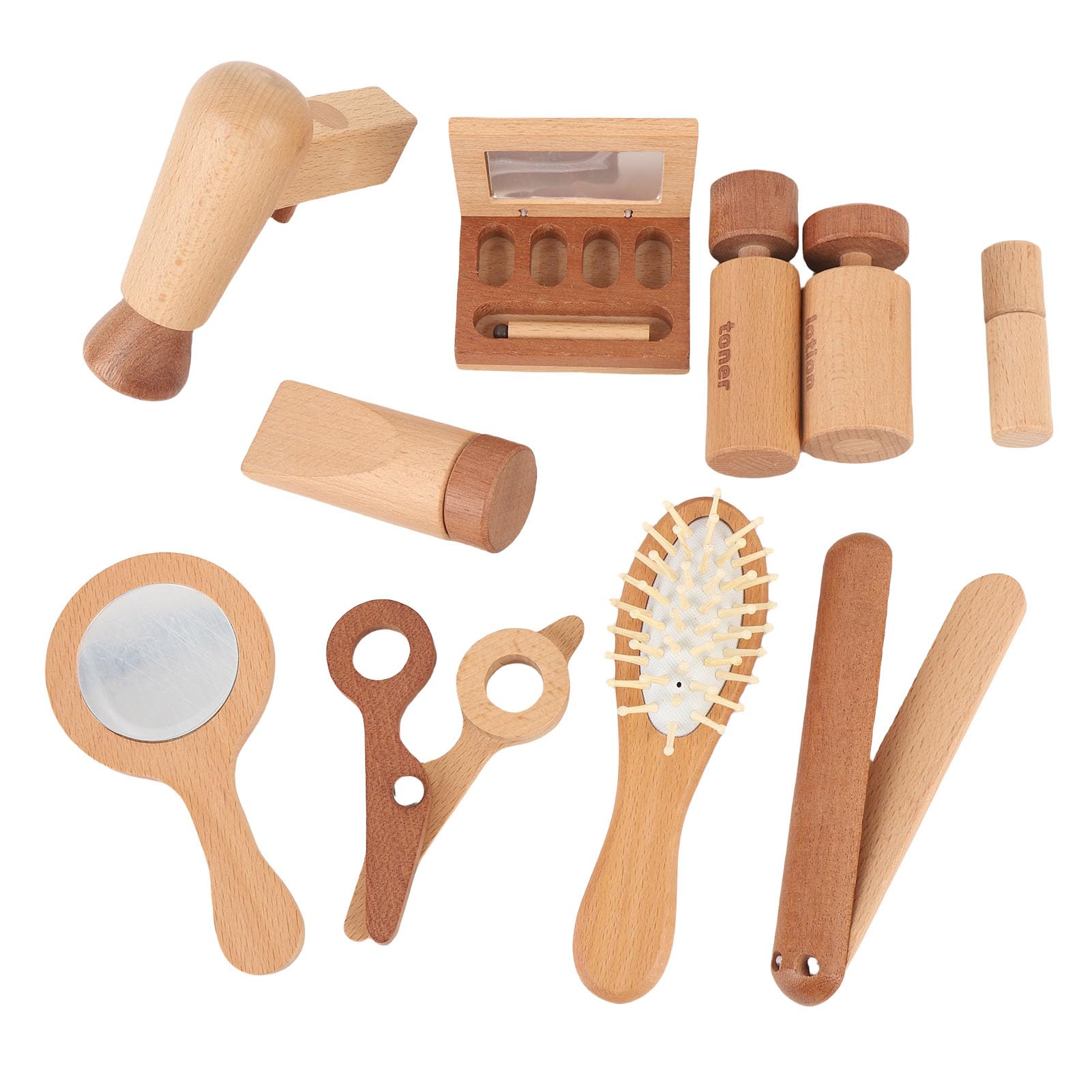 Juego de 11 juguetes de maquillaje de madera para juegos de rol creativos, bonito salón de belleza, con secador de pelo, espejo y accesorios para niñas