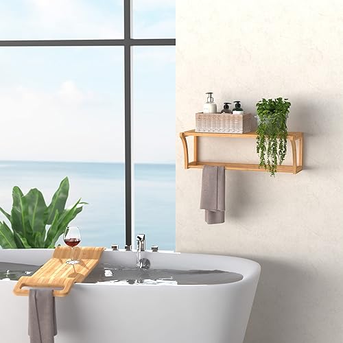 Miniatura 10 de ClosetMaid Estante de pared de bambú con toallero 3 ganchos estantes de almacenamiento de montaje en pared 2 niveles estante organizador acabado