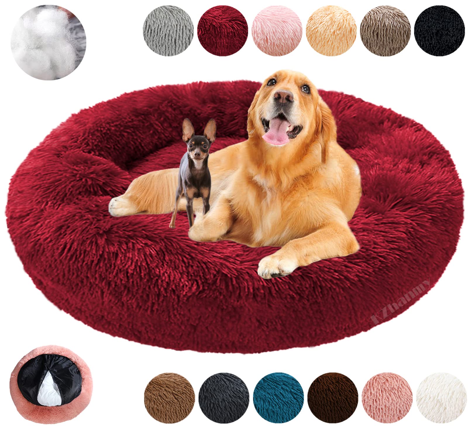 KZhanmy Washable Calming Dog Bed Fluffy Plush,Comfy Round Donut Cat Bed 50 60 70 80 100 120cm Pet Bed,Warming Anti Anxiety with Removable Cushion