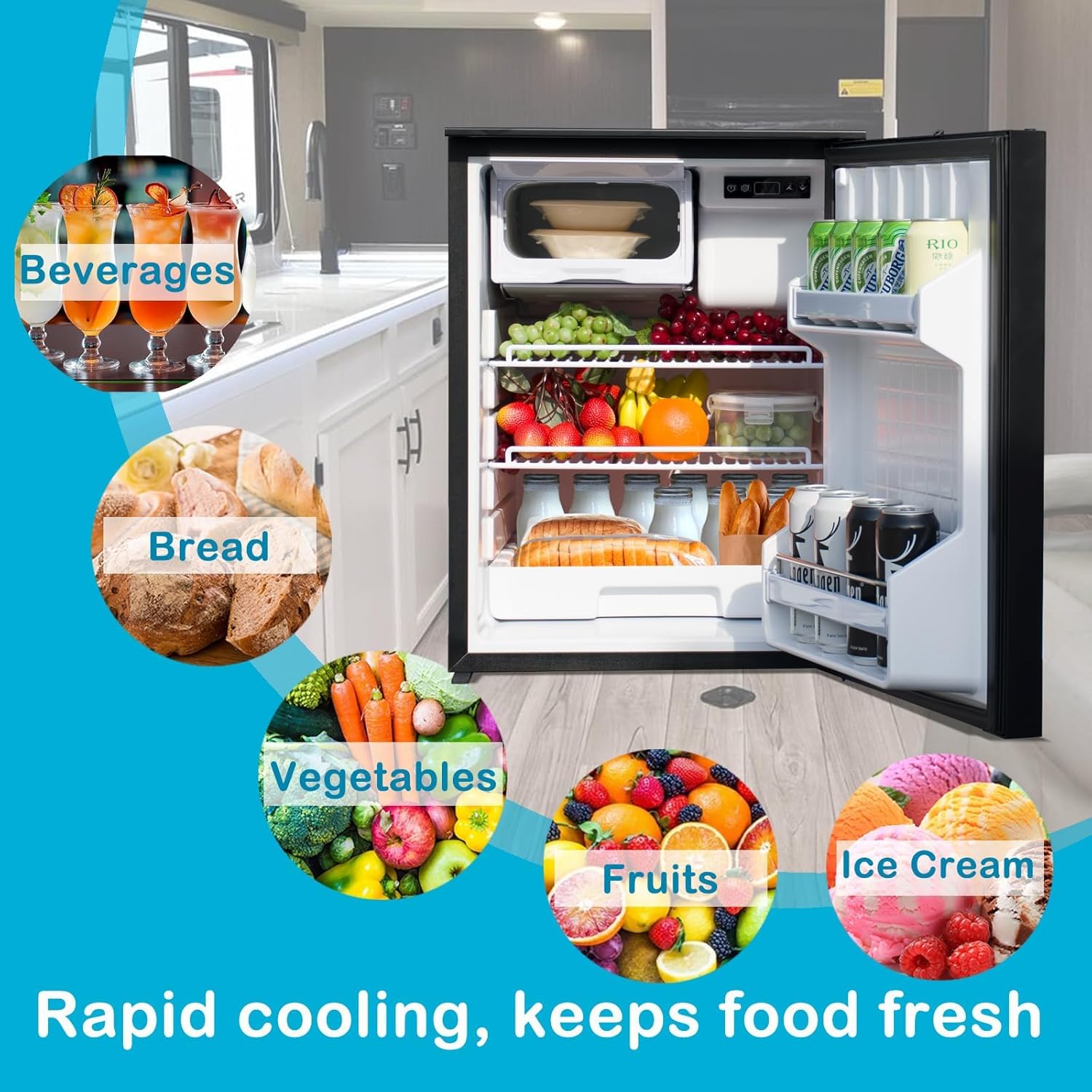 Smad 12V RV Refrigerator, 3 Cu.Ft RV Fridge, 12V/24V Camper Refrigerators with Freezer, Semi Truck Fridges Compact for Camping,Travel, Motorhome, Reversible Door, Adjustable Thermostat, Black