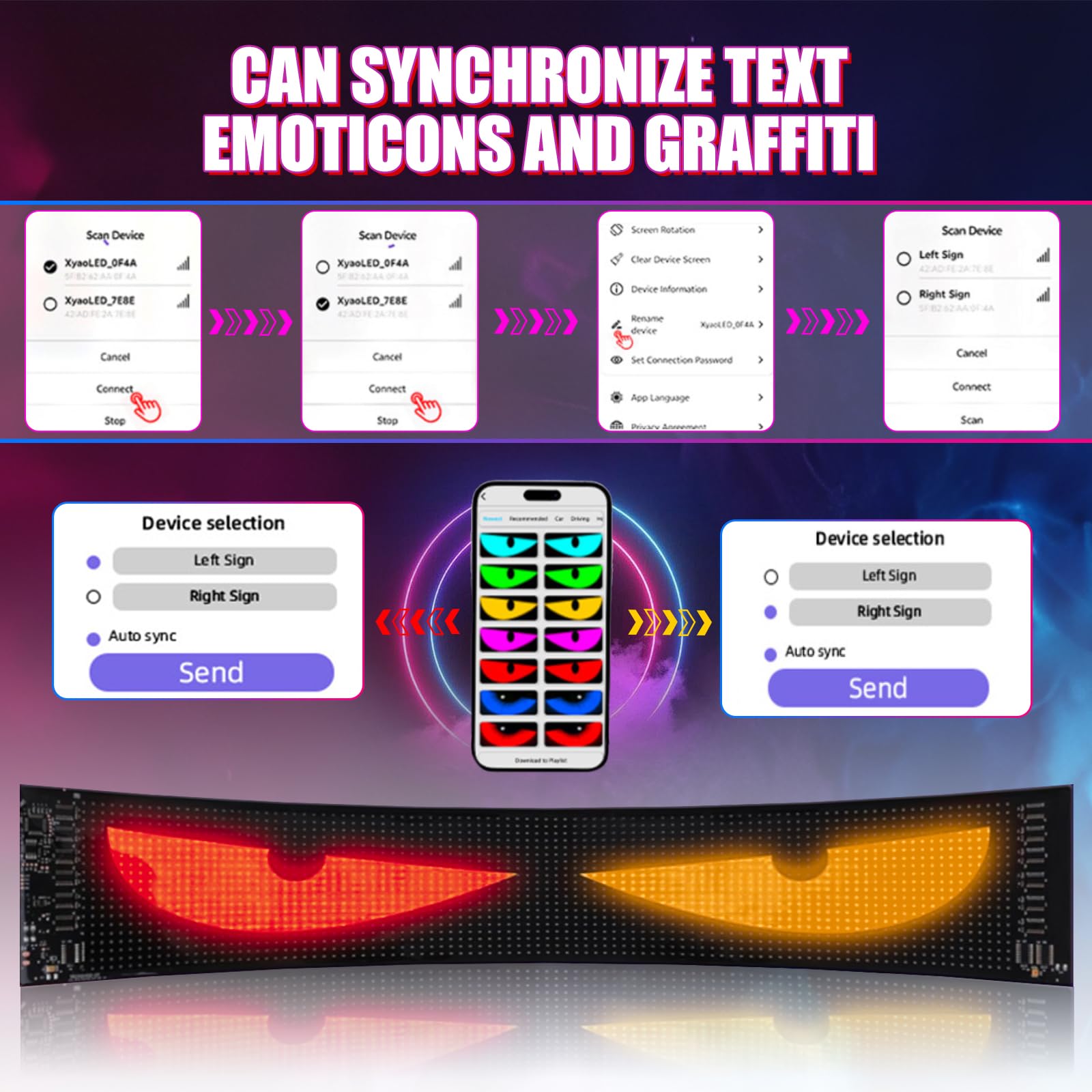 Ojos LED para Carro, 50 x 12 cm, USB, elastyczne, programowalne, wodoszczelne, zdalne sterowanie, sterowanie za pomocą aplikacji, tabliczka LED do samochodów i ciężarowych