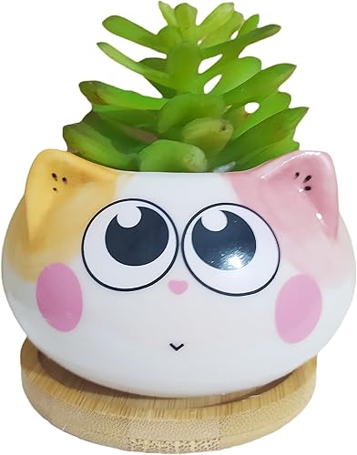 Miniatura 8 de Juego de 6 macetas de cerámica para interiores de 3.5 pulgadas con forma de gato de dibujos animados con bandeja de bambú (planta no incluida)