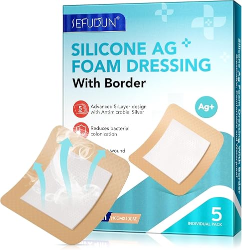 Silicone Foam Dressing Ag Sterile Wound Bandage with Waterproof Gentle Silicone Adhesive Border (5 Packs), 4"x 4" Breathable Ultra Absorbent Pads (4x4 Inch (Pack of 5))
