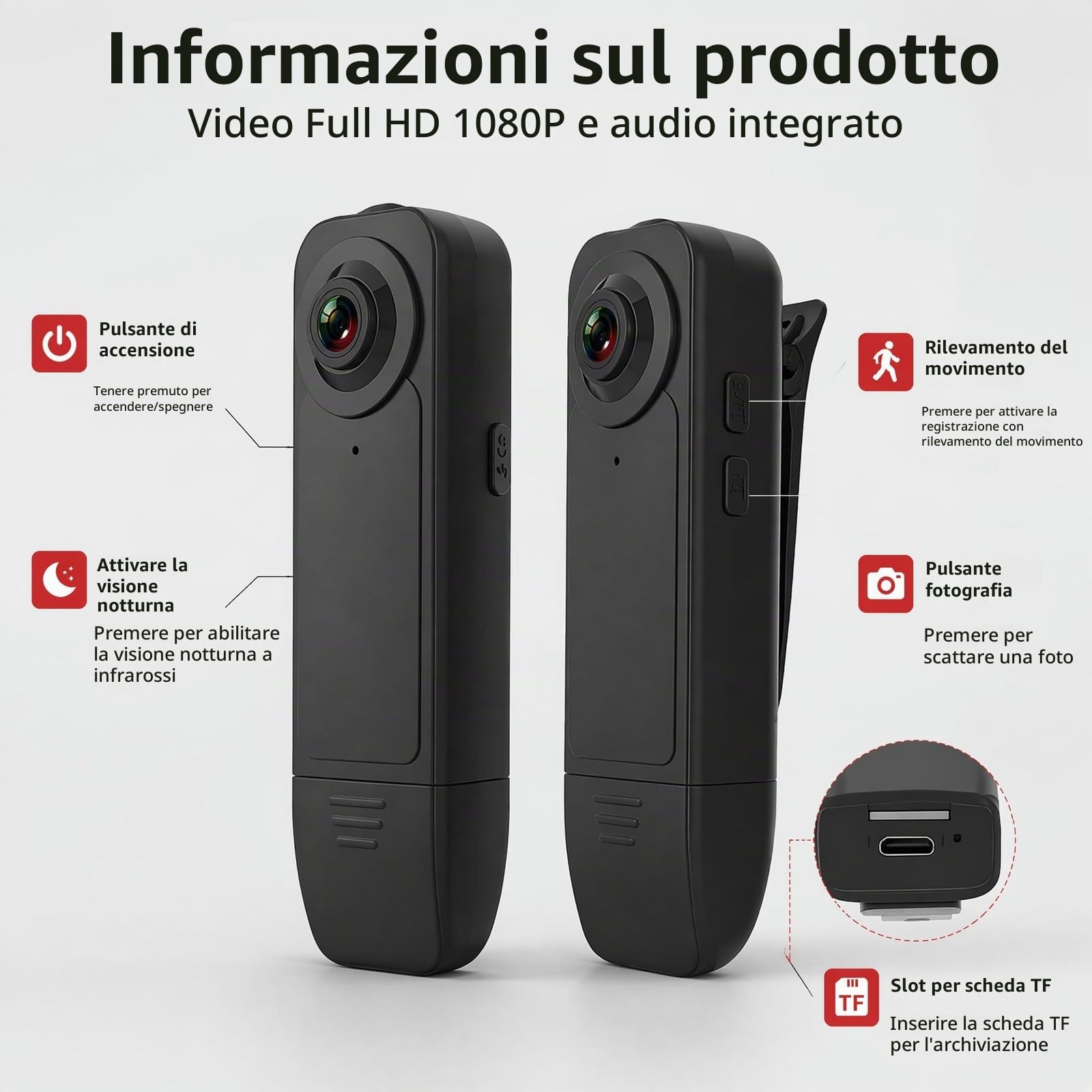 Mini Videocamera Corporea HD 1080P con Audio Visione Notturna Sicurezza | 64GB inclusa, registrazione a ciclo continuo, batteria 1000mAh 6h, clip universale, senza configurazione, per vigilanza