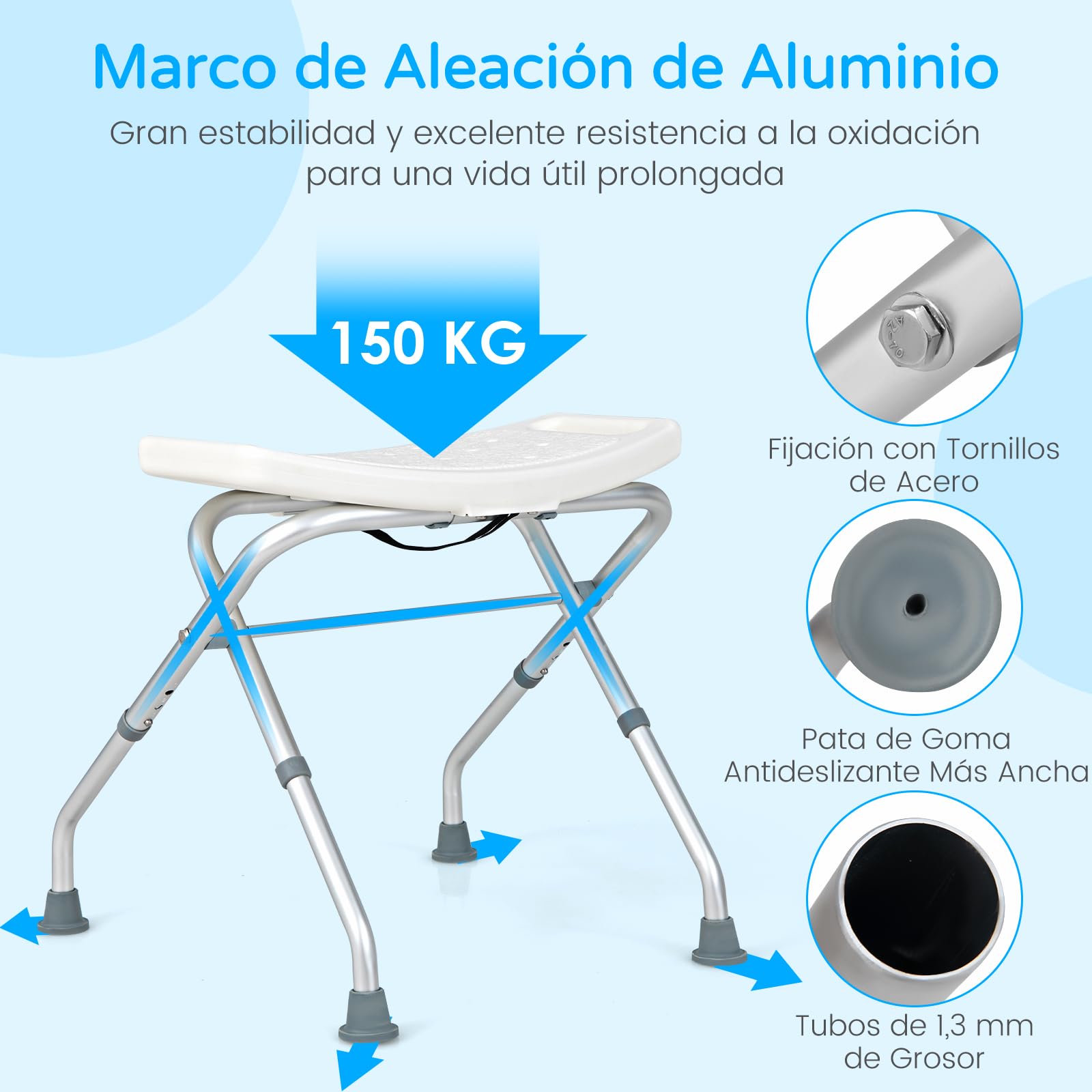 RELAX4LIFE Taburete Baño Plegable con 3 Altura Ajustable 49-52,5cm, Taburete Ducha Antideslizante de Aluminio y HDPE con Orificios de Drenaje para Personas Mayores, Discapacitadas, Carga 150kg