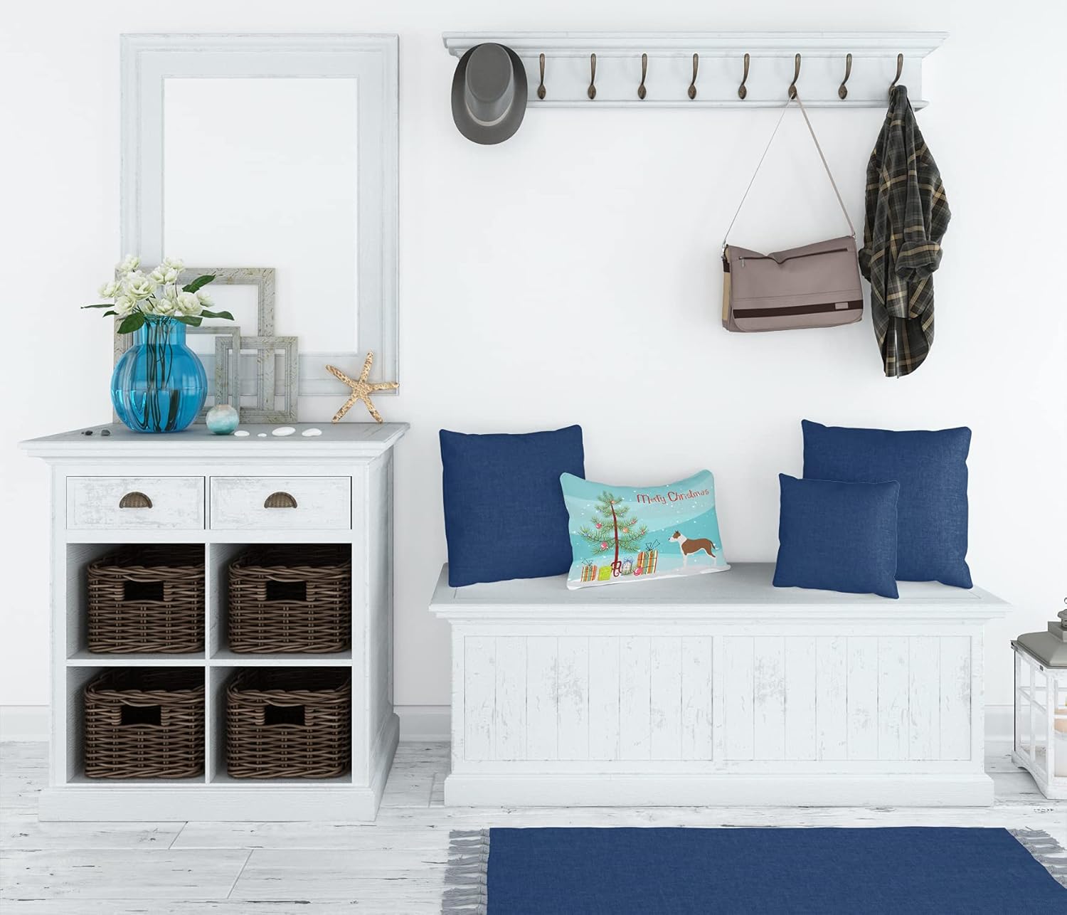 Caroline's Treasures BB8487PW1216 Pit Bull Terrier Christmas Canvas Fabric Decorative Pillow Machine Washable, Indoor Outdoor Decorative Pillow for Couch, Bed or Patio, 12HX16W