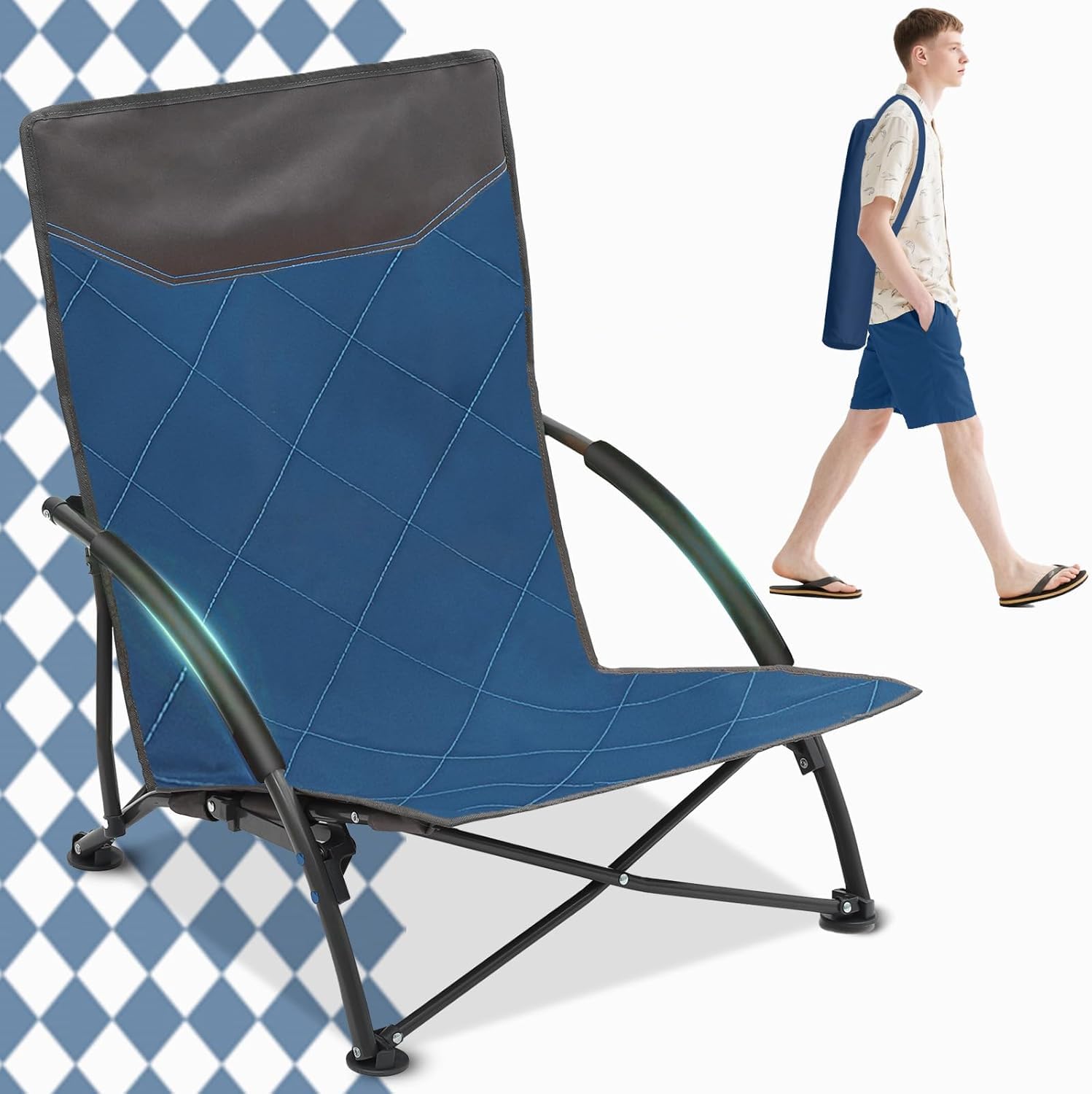 Sekey Klappbarer Strandstuhl Extrem Leicht & Tragbar – Nur 2,85 kg pro Stück, mit Armlehnen für Outdoor Strand Angeln Garten mit niedrigen Beinen Blau