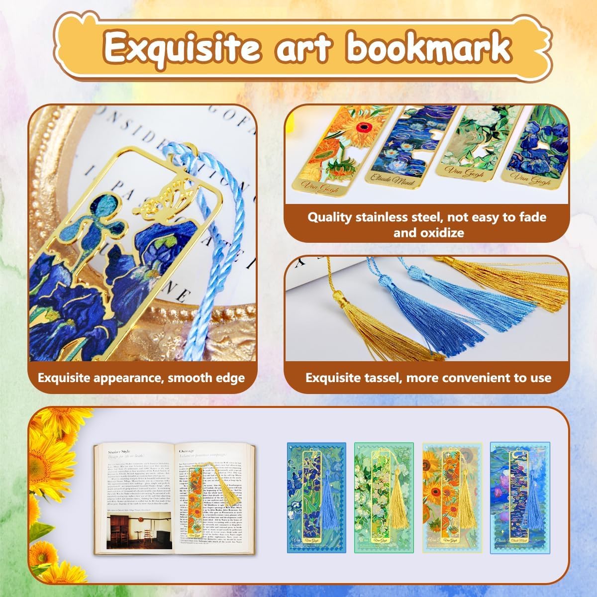 OFIFO® Metal Bookmark Set of 4 with Tassel, Gold Hollow Van Gogh Design, Artistic Book Marker for Readers, Unique Gift for Book Lovers, Students, Men, Women, Kids. 1