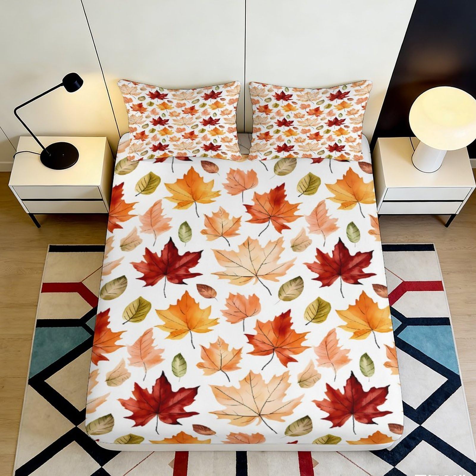 3D Printed Autumn Leaves Fitted Sheet Microfiber Soft Breathable Maple Pattern Bed Cover for Bedroom Dormitory Guest Room Mattress Protection Decor 120x200x25cm