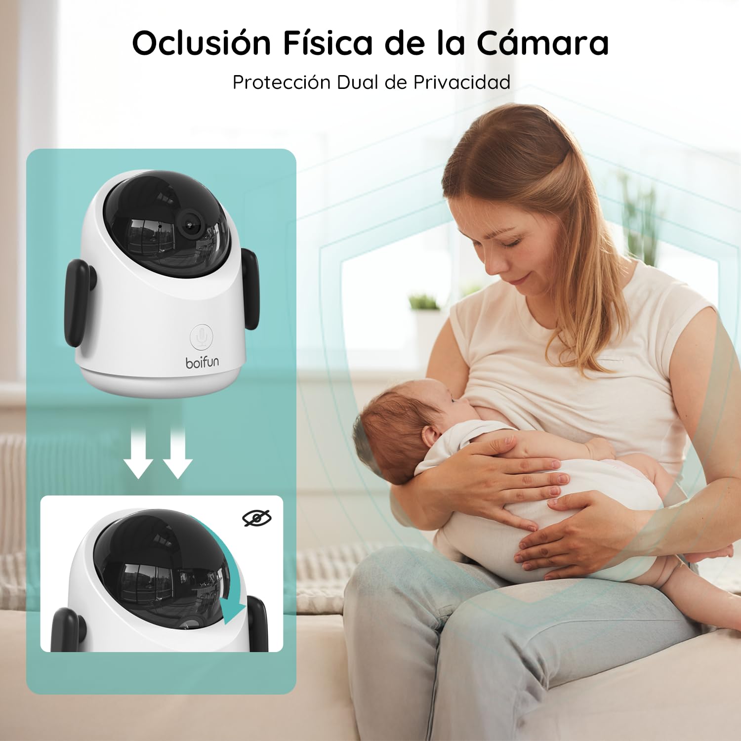 BOIFUN Vigilabebes con 2 Camaras con App Movil, 1080P Camara Vigilancia Bebe Pantalla Dividida, 360°Seguimiento Automático, Monitoreo de Movimiento, Valla Virtual con IA, Zoom 4X