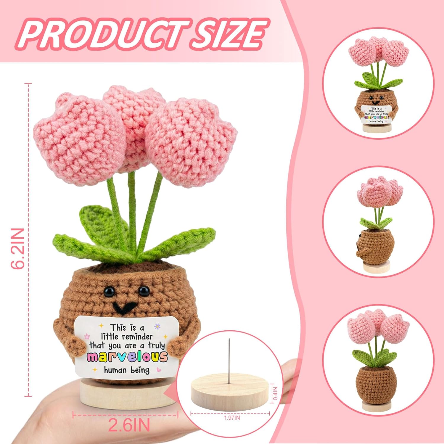 Emotional Support Tulip, Handmade Positive Tulips Flower Crochet with Encouragement Card for Desk Decor Tulip Ornament - Thank You, Appreciation, Positive Gift for Teacher, Mom, Friend - Pink - Image 2