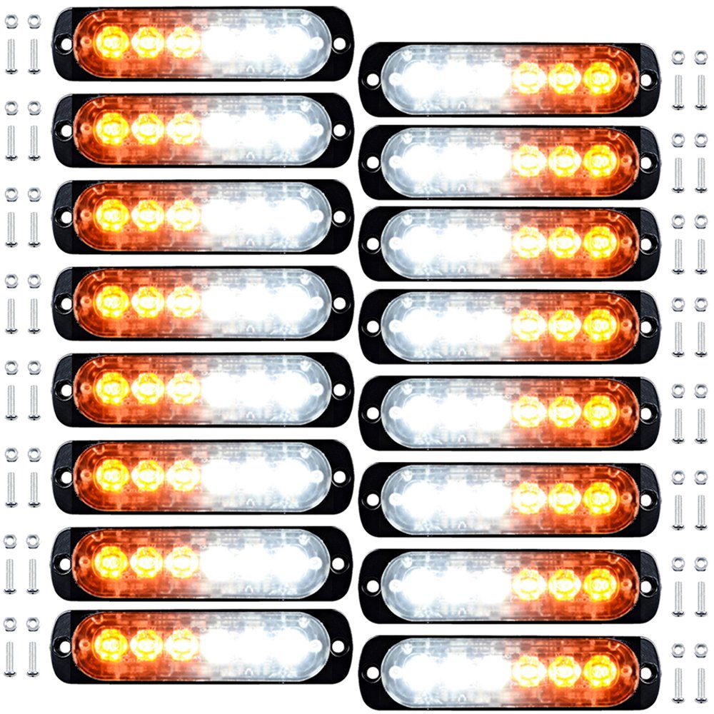 16pcs 6-LED White Amber Surface Mount Emergency Warning Beacon Flash Caution Construction Strobe Light Bar 16 Flashing Compatible with Car SUV Pickup Truck Trailer Van RV