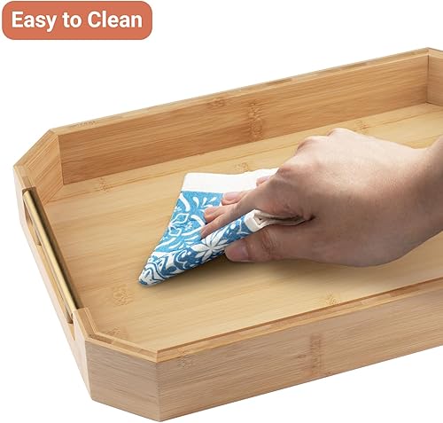 Miniatura 5 de Parmedu Bandeja de bambú natural bandeja de desayuno de madera gruesa en tamaño grande con asas de metal ergonómicas y estéticas, para servir