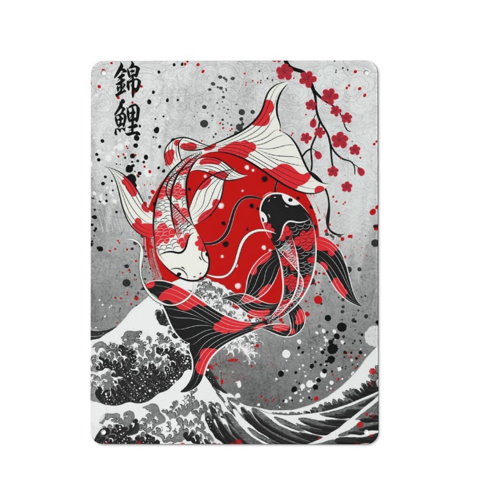 Junmoney Yin Yang Koi Fish For Garden Room Or Summerhouse, Vintage Tin Sign 40X30cm, A Metal Wall Feature For Garden Rooms And Summerhouses