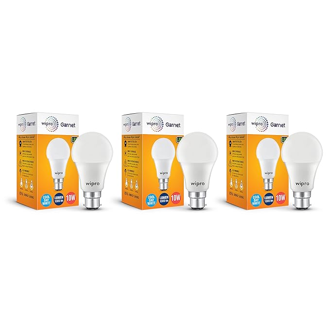 Buy Wipro Garnet 10W LED Bulb for Home & Office |Cool Day White (6500K) | B22 Base|220 degree Light coverage |4Kv Surge Protection |400V High Voltage Protection |Energy Efficient | Pack of 3 at Rs. 195
