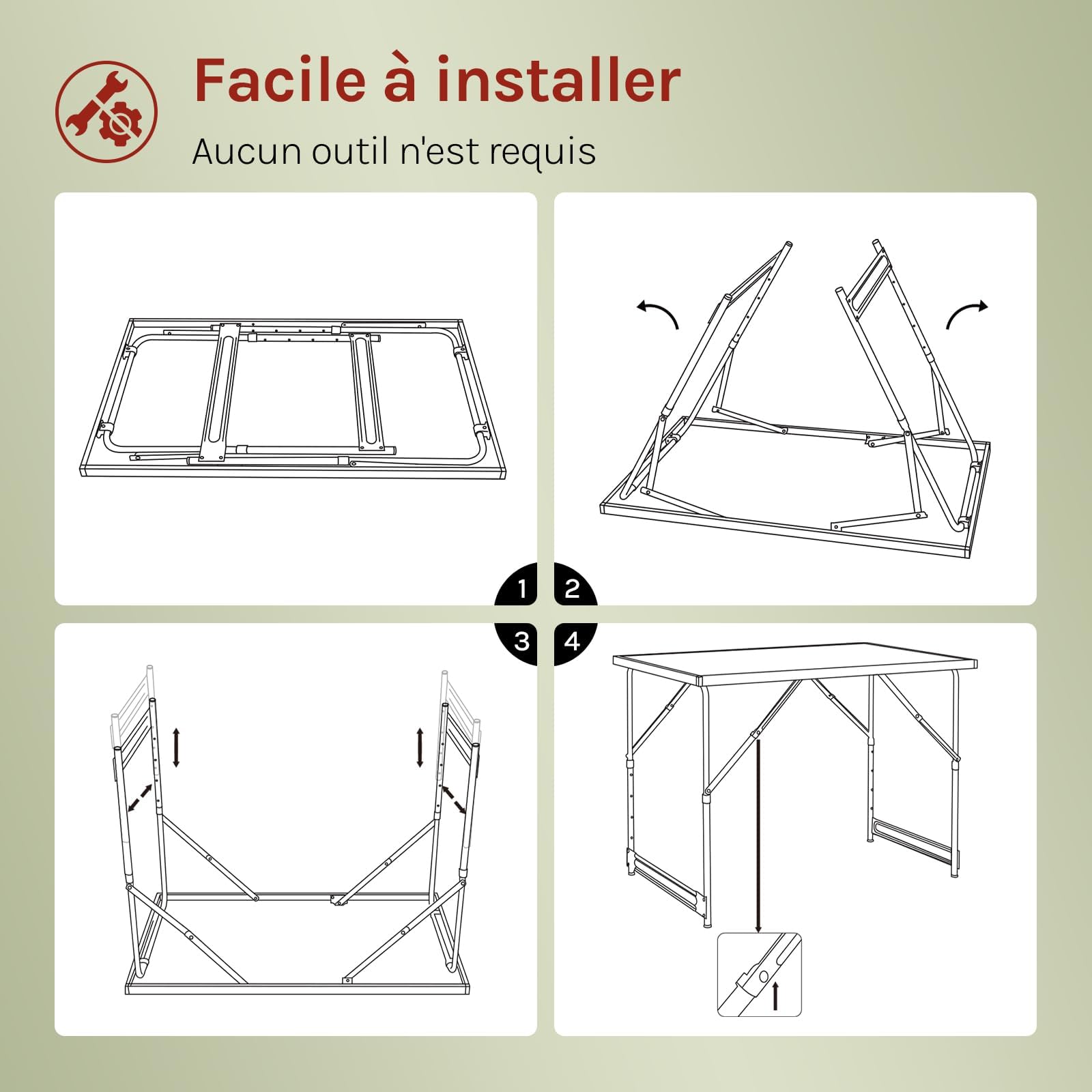 WOLTU Table de Camping Pliante Table de Jardin Tables de Travail Tables de Balcon réglable en Hauteur en Aluminium Acier MDF,Noir