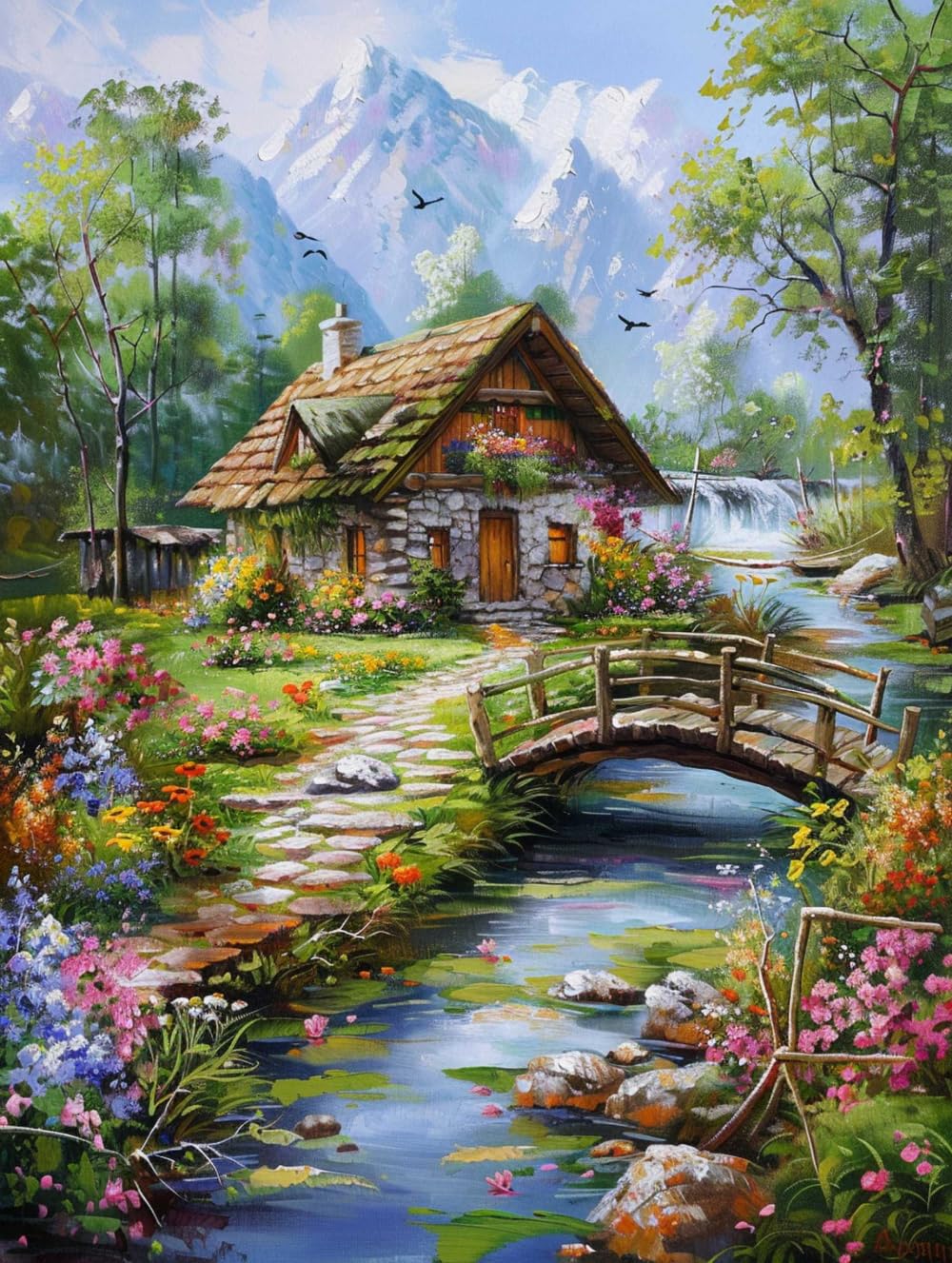 RKFLGEW Diy Perlen Zum Sticken Feldhütte Perlenstickerei Set Frühlingslandschaft Nadelstich Sets Perlen Kreuzstich 3D Perlenmalerei Handarbeit 40x50cm