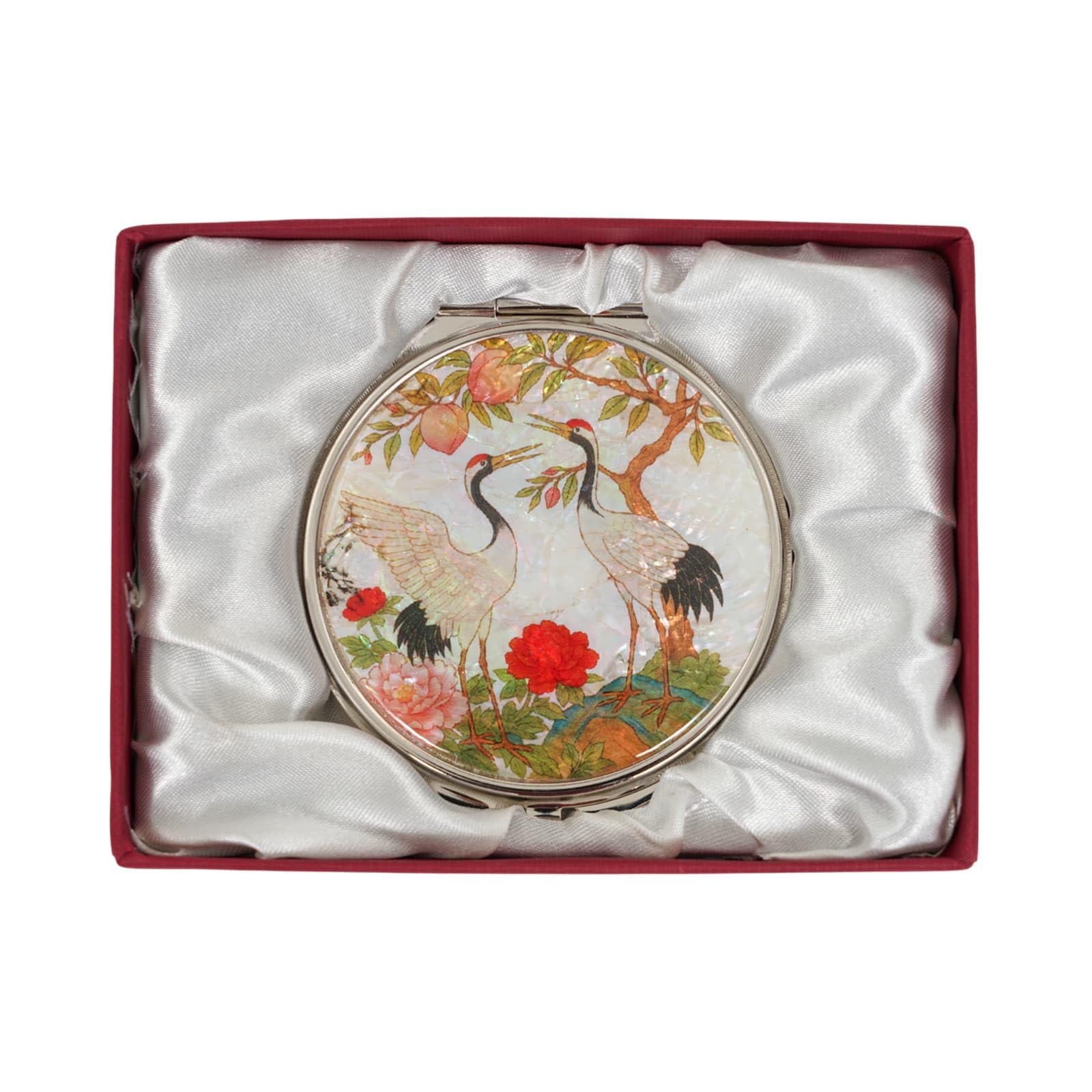 February Mountain Mother of Pearl Compact Mirror – Dual Magnification Gift for Women, Mom, Sister – Birthday or Christmas Idea (1, Peach Pine Cranes)
