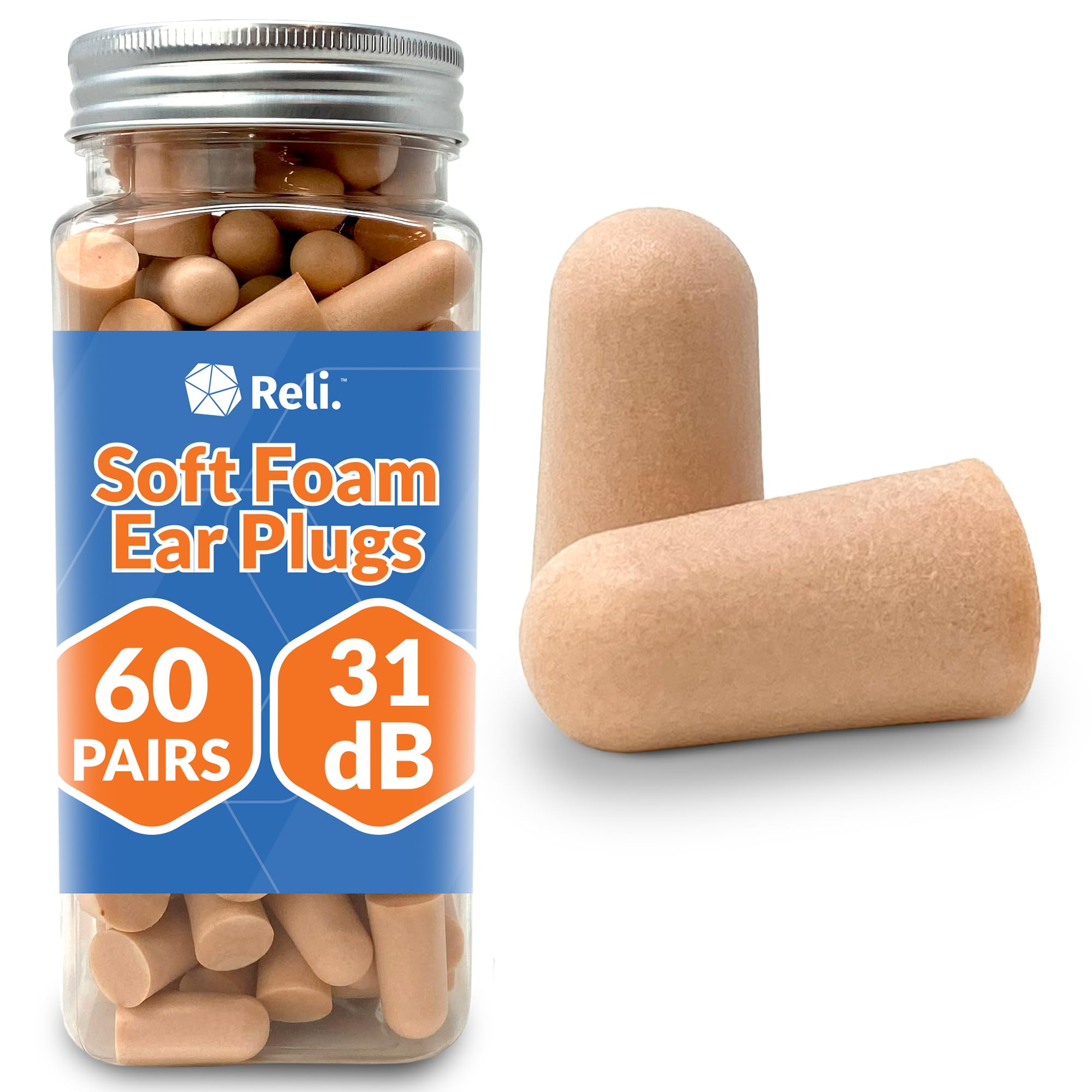 Reli. Foam Ear Plugs (60 Pairs) 31 dB NRR | Disposable Foam Ear Plugs for Sleeping Noise Cancelling | Blocks Loud Snoring, Concerts, Travel, Noise