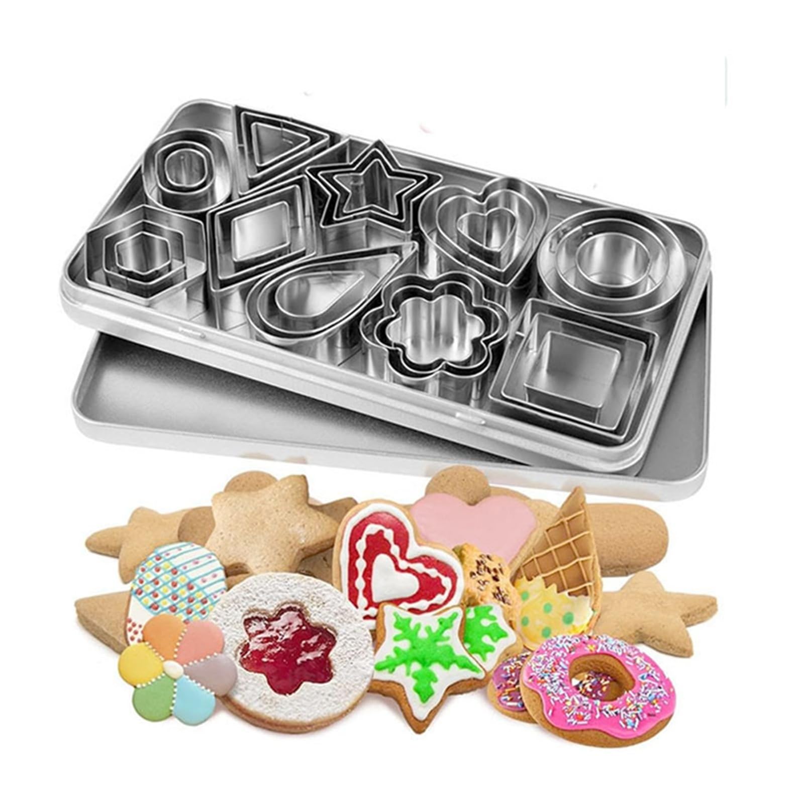 Juego de cortadores de galletas con caja de almacenamiento, Mini galletas geométricas, moldes for hornear galletas, herramientas de decoración de pasteles DIY(Without box 12 pcs)