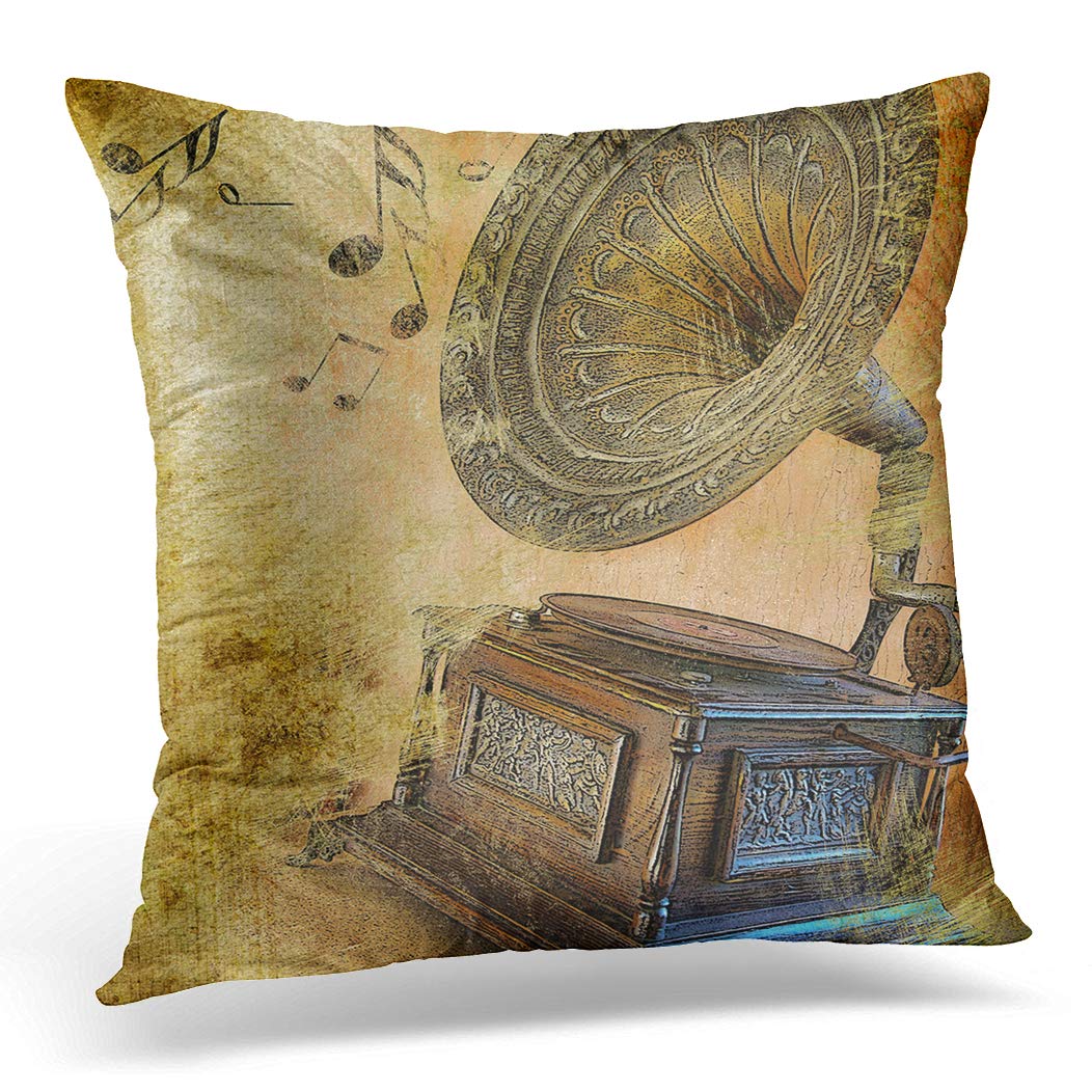 Awowee Cushion Cover 45x45cm/18x18inches Vintage Musical Retro Music Gramophone Old Metal Drawing Record Home Decor Throw Pillow Cover Square Pillowcase for Bed Sofa