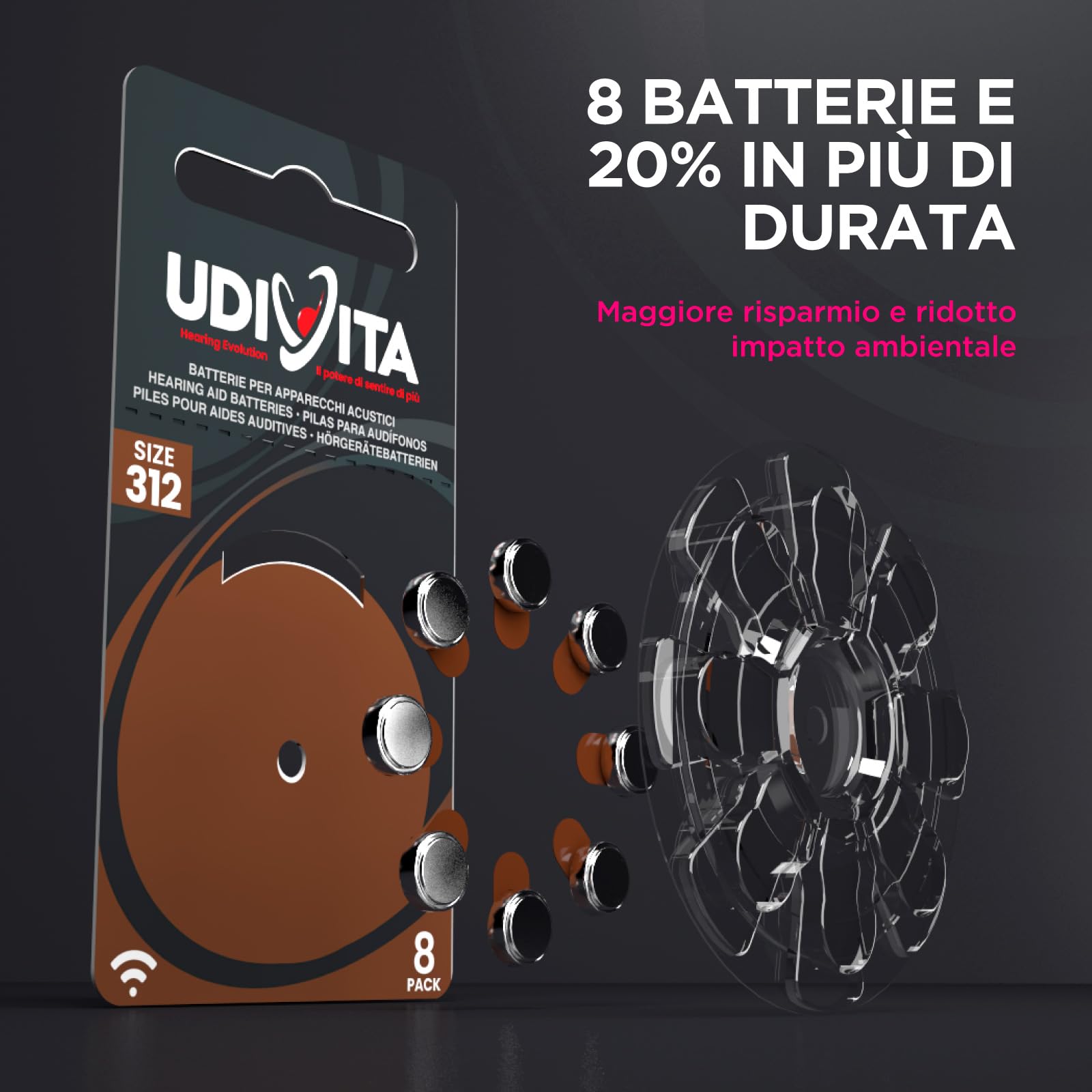 240 Batterie Per Apparecchi Acustici Auricolari Udivita Misura 312 PR41 (Marroni) Tecnologia Phono Pulse - 30 Blister da 8 Pile