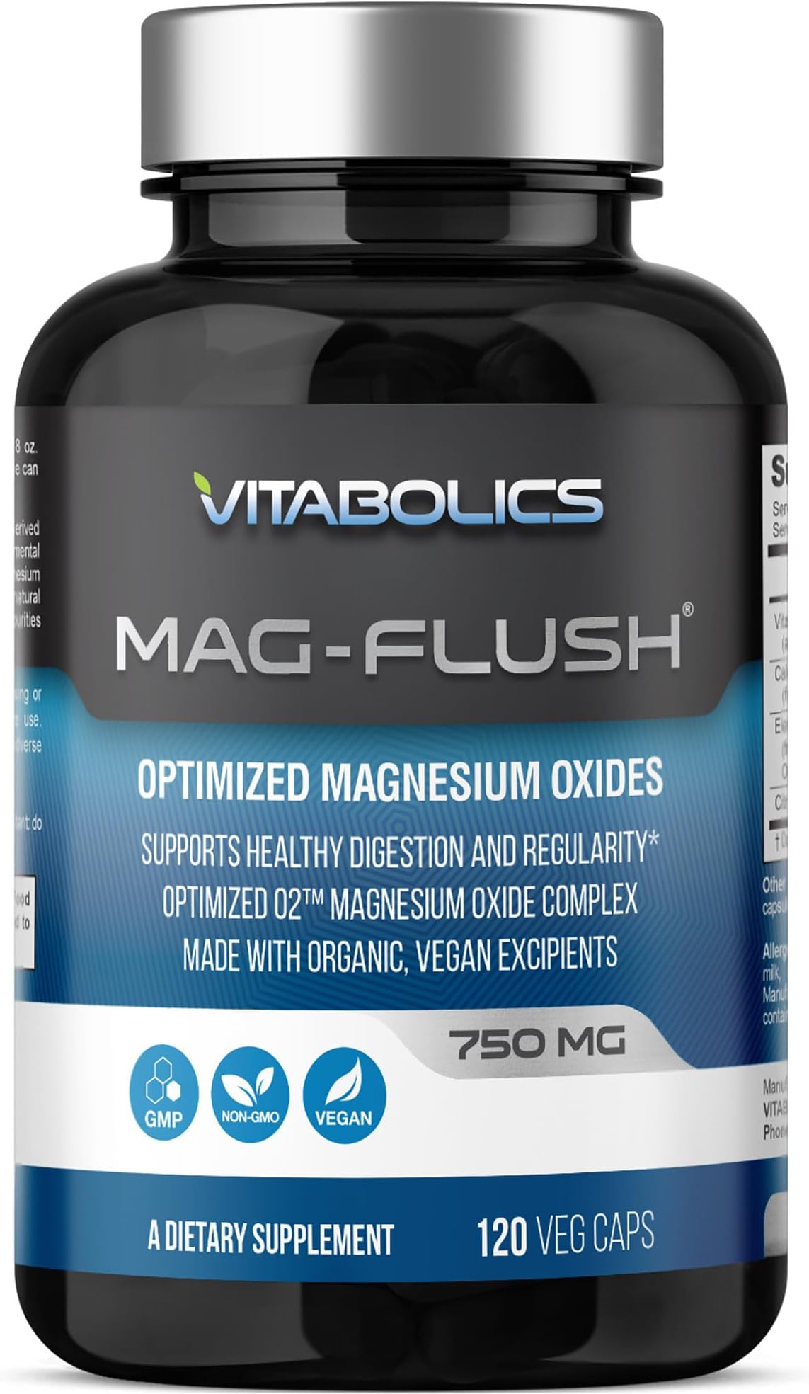 Vitabolics Mag Flush 750 mg 120 Vcaps - Natural Magnesium Oxide Oxygen Based Colon Cleanse Gentle Laxative Supports Healthy Digestive Tract Regularity