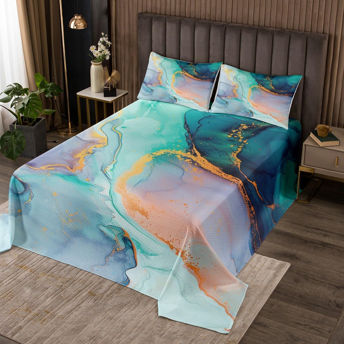 Castle Fairy Green Marble Bedspread King Size,Emerald Gem Style Marbling Coverlet Set for Children Adult,Luxury Golden Ripple Bedding Set with 2 Pillowcaes, Polyester Quilted